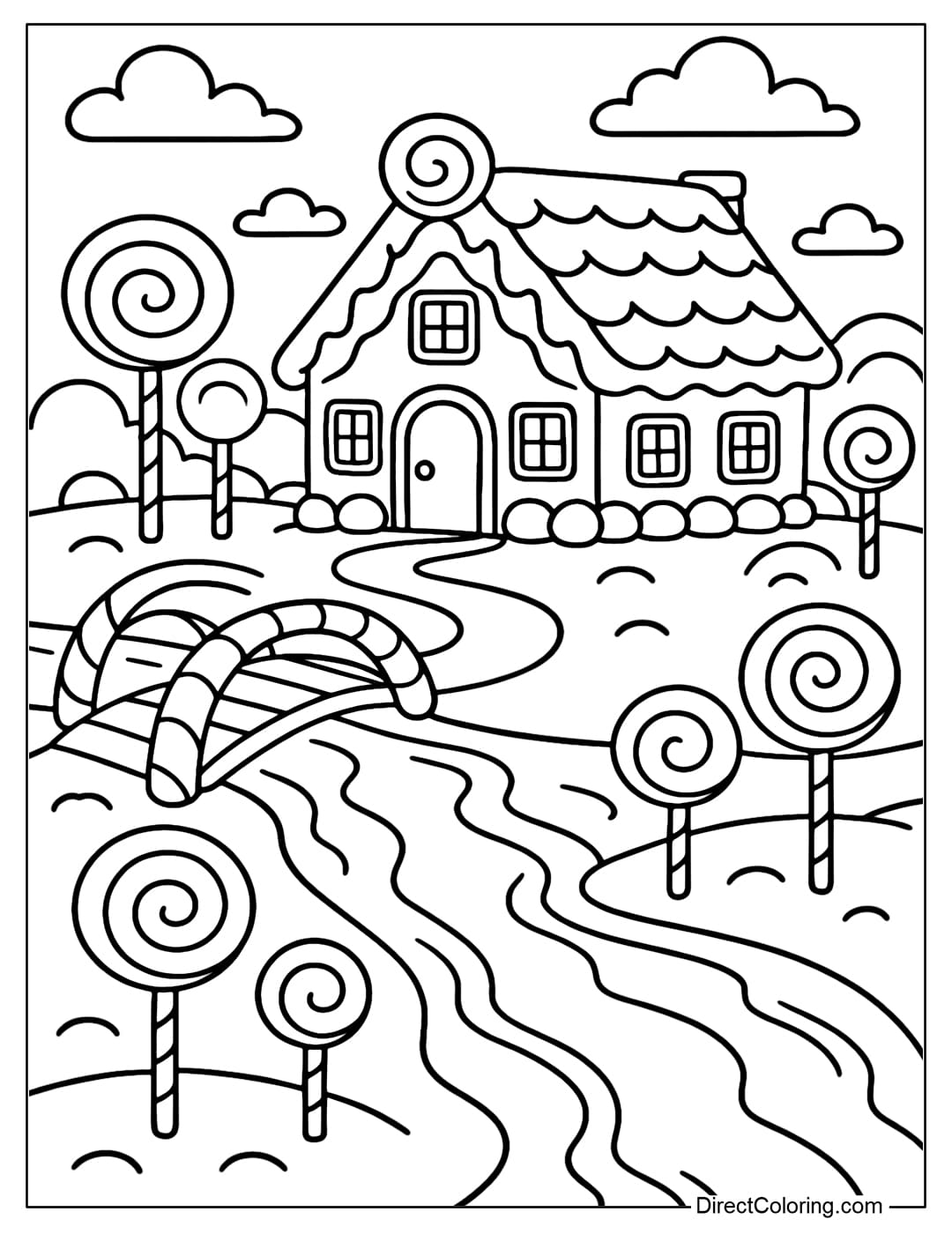 A gingerbread house coloring page next to a sweet syrup river, with a candy bridge and lollipops growing on both sides.