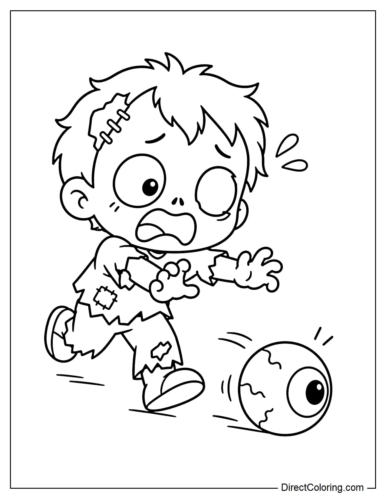 A cute chibi zombie clumsily chases its own round eyeball as it rolls along the ground.