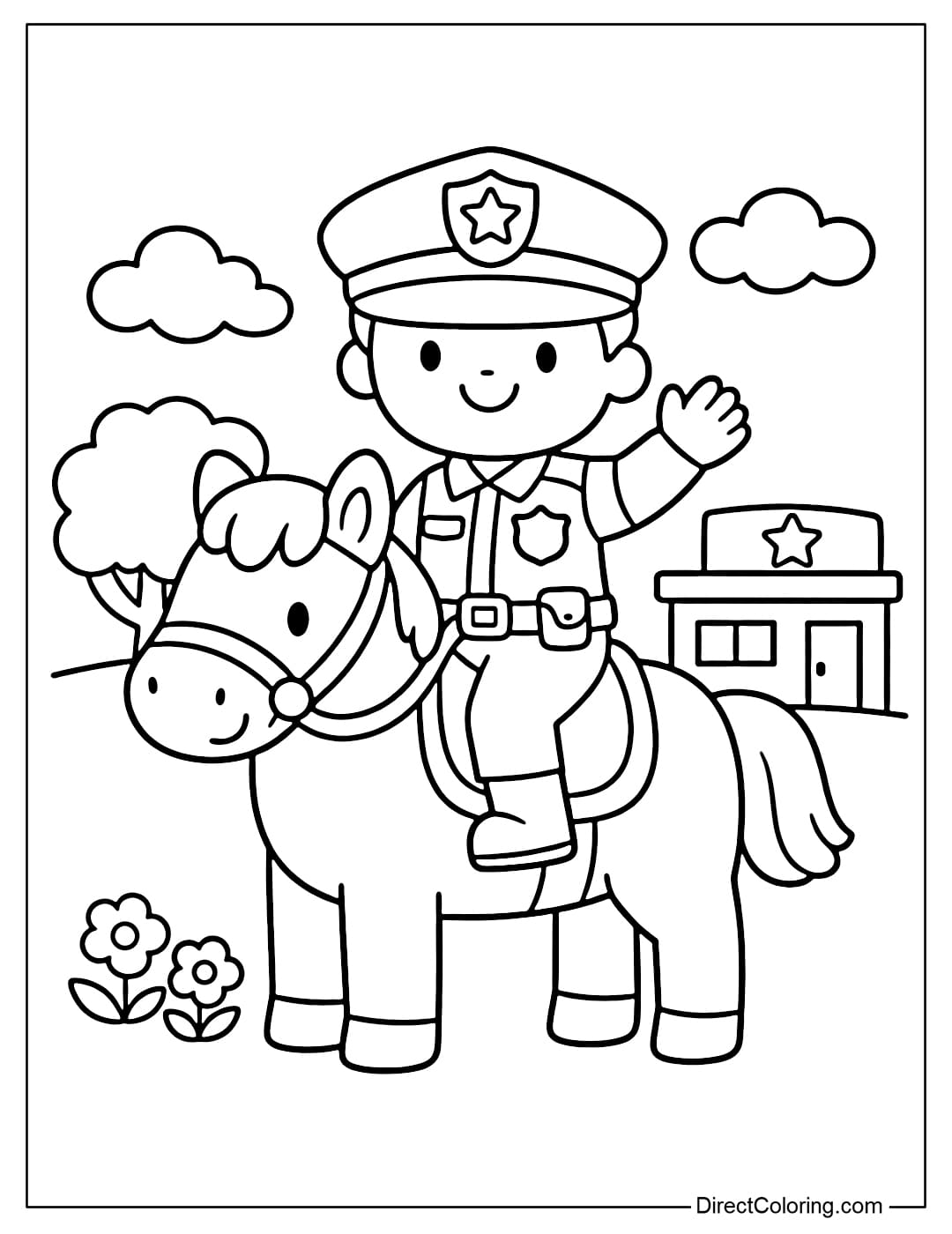 Coloring page of a police officer riding a horse, with large, simple shapes, easy to color.