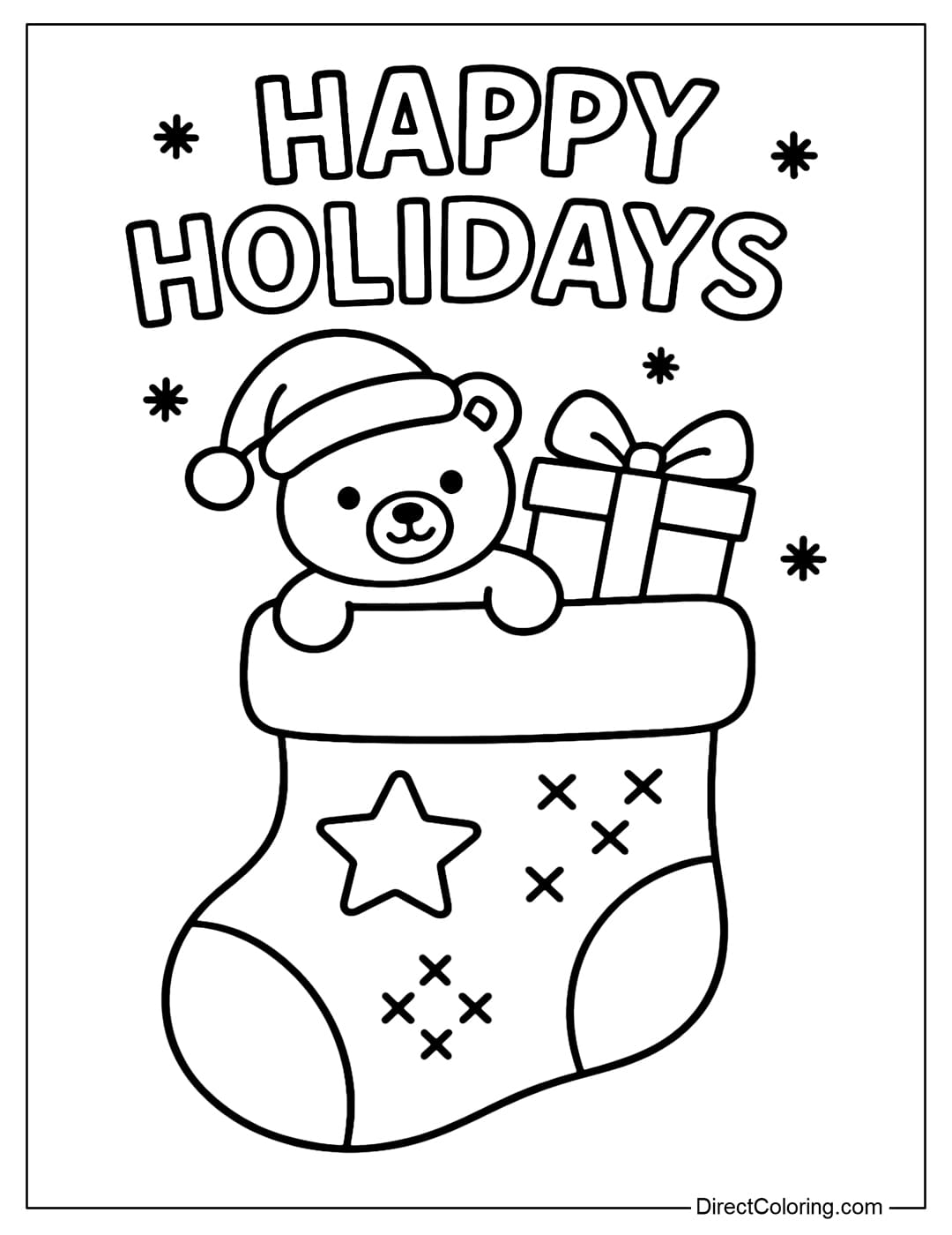 A stocking coloring page with a small teddy bear wearing a Santa hat at the mouth, next to a gift box with a bow. The words Happy Holidays are written on the top.