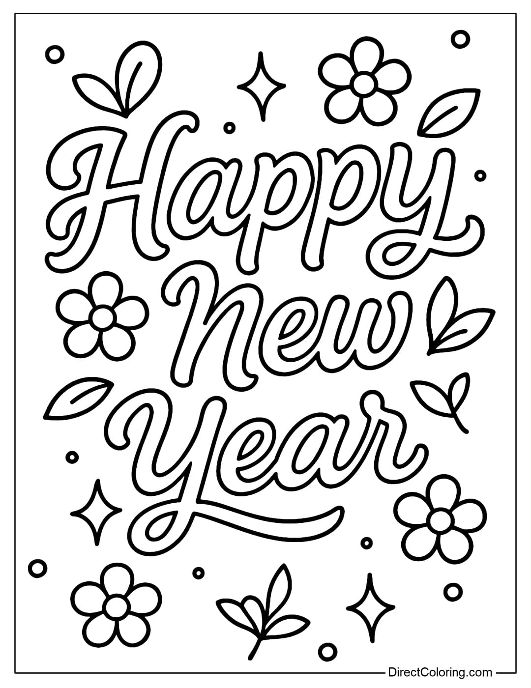 The Happy New Year coloring page is in script art style, with plump, round flowers and soft leaves in between.