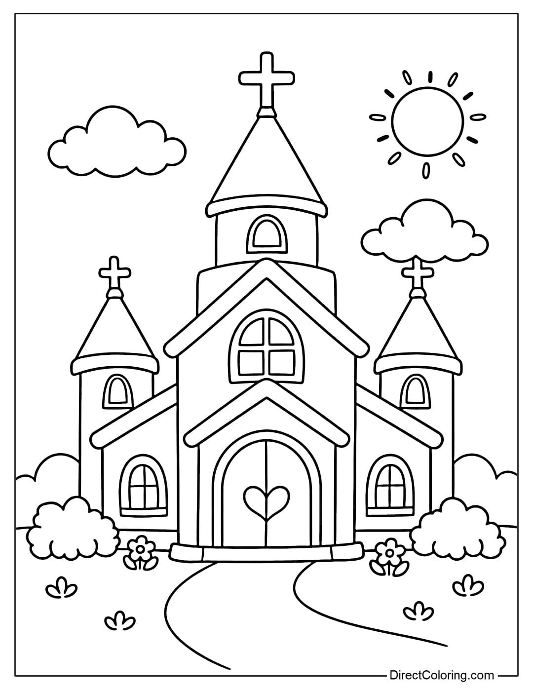 Coloring page of a cartoon-style church with soft, friendly rounded lines.
