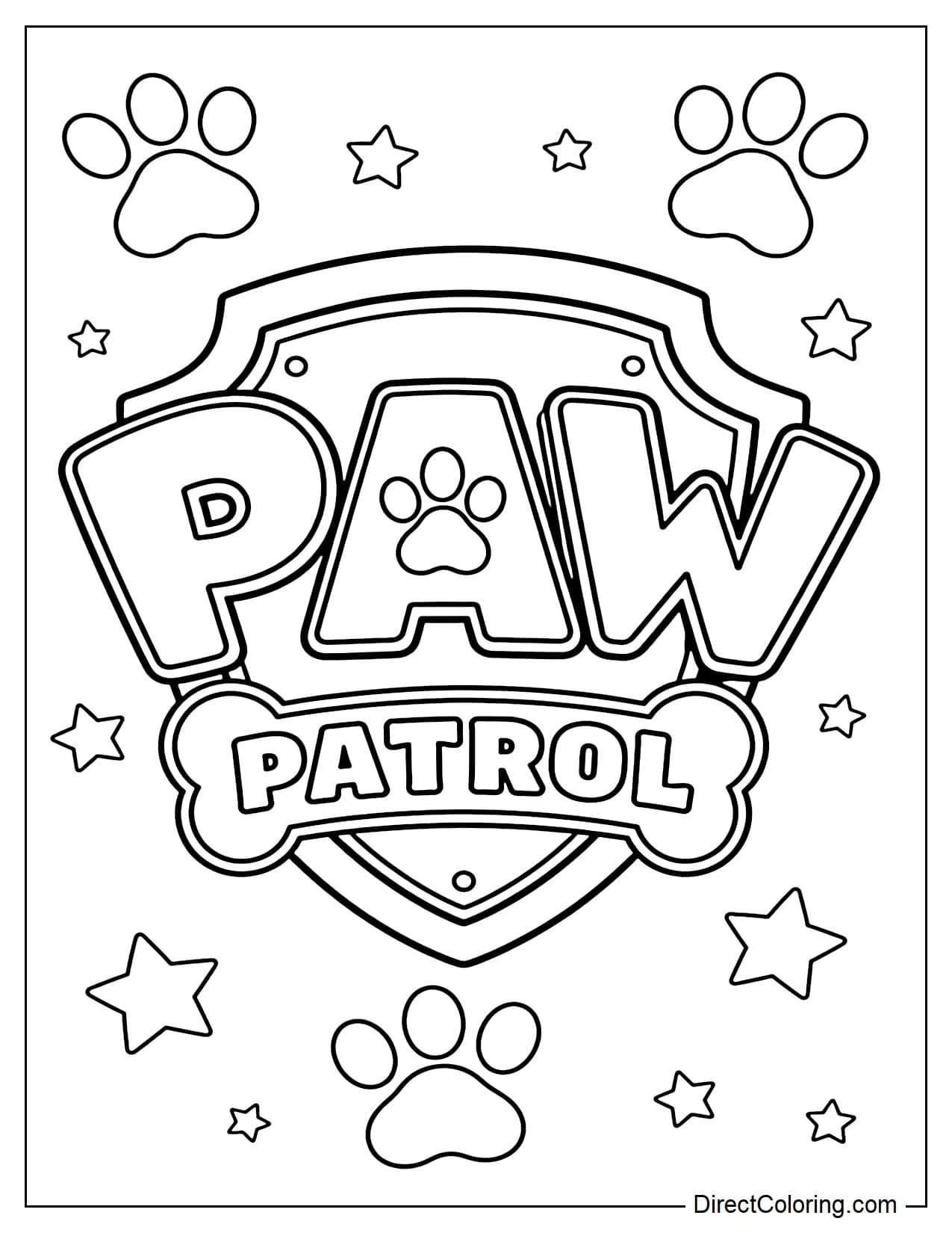 A large PAW PATROL logo is centered on the page with bold, easy-to-color lettering. The signature bone-shaped badge sits below, surrounded by large paw prints and simple stars.