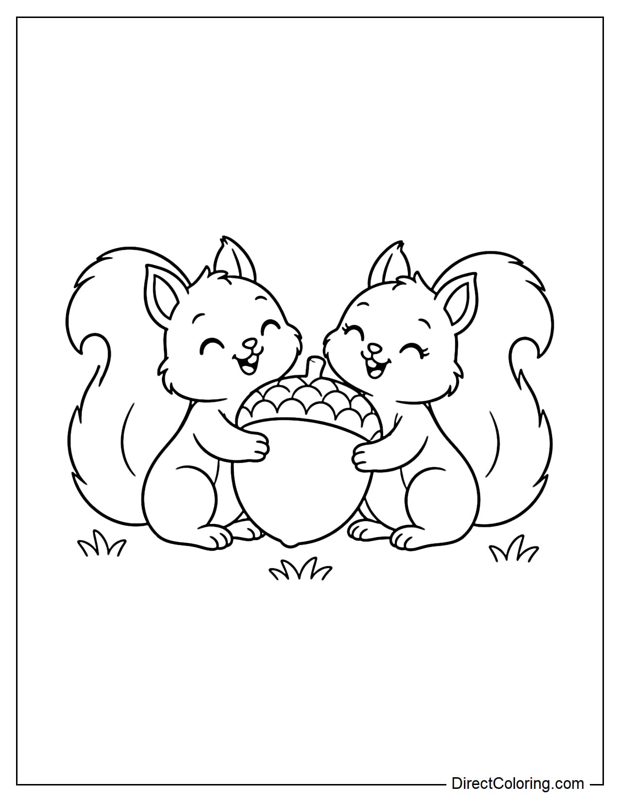 Two little squirrels sitting opposite each other and happily holding one giant acorn between them, with their large fluffy tails curling outward on both sides and a few simple blades of grass below.