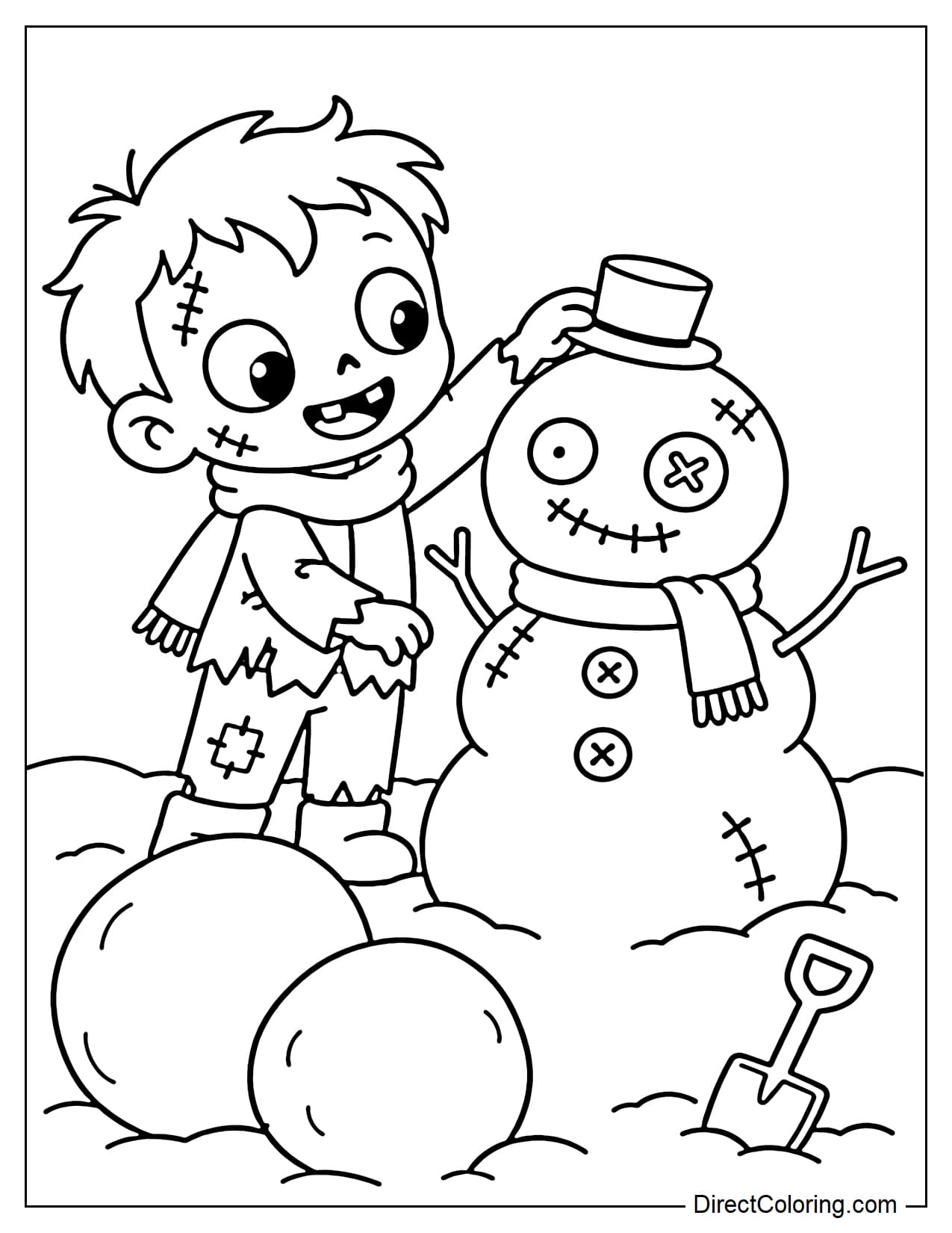 A cute zombie finishes building a zombie-shaped snowman by placing a small hat on its head.