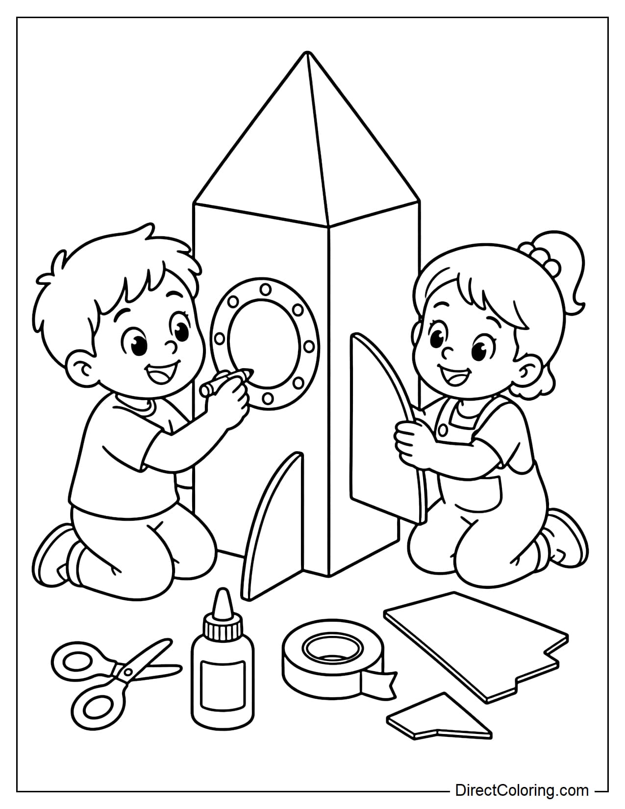 Two kids building a large cardboard rocket together, with one drawing a round window while the other attaches a rocket fin.