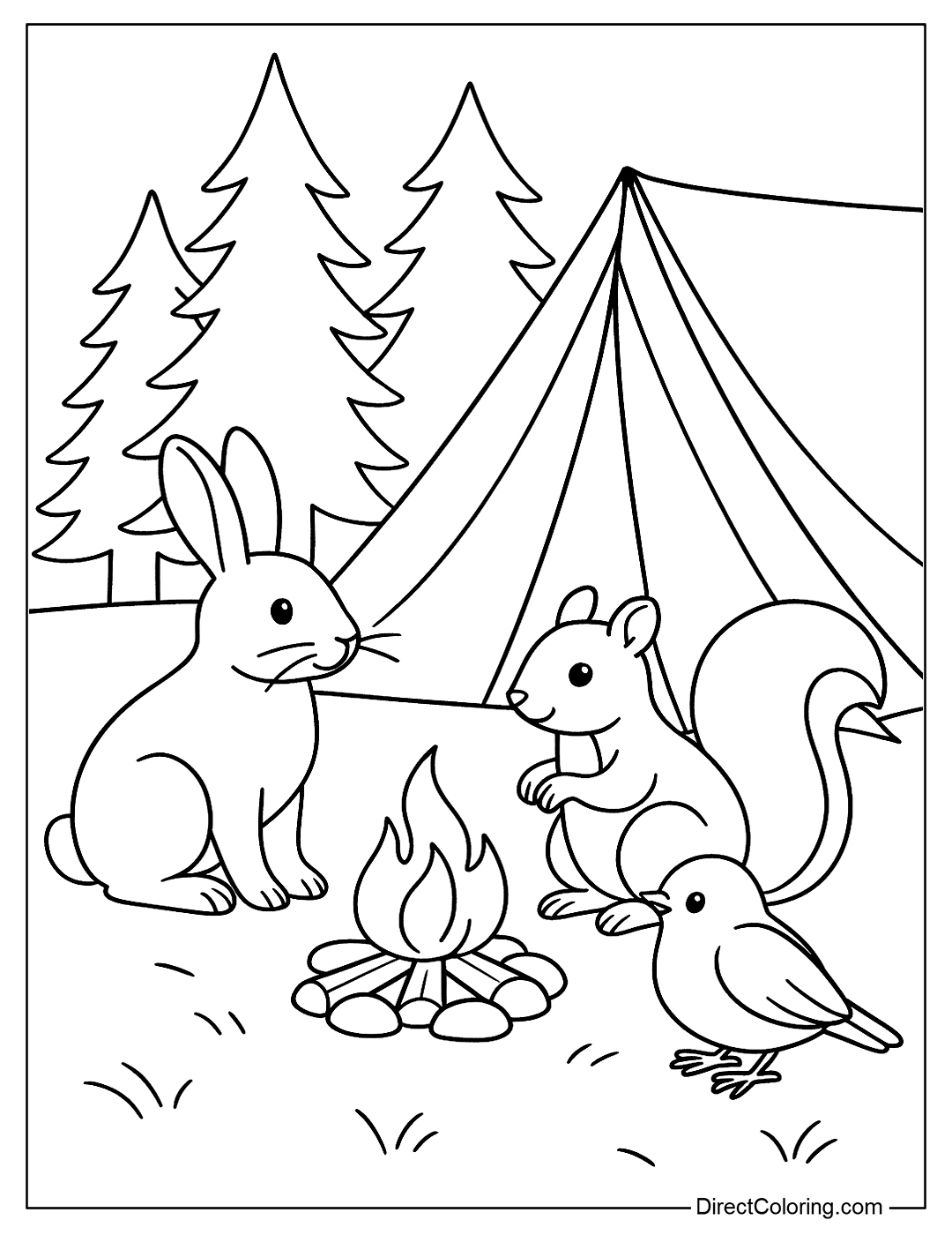Coloring page of rabbits, squirrels and birds sitting friendly near the camp