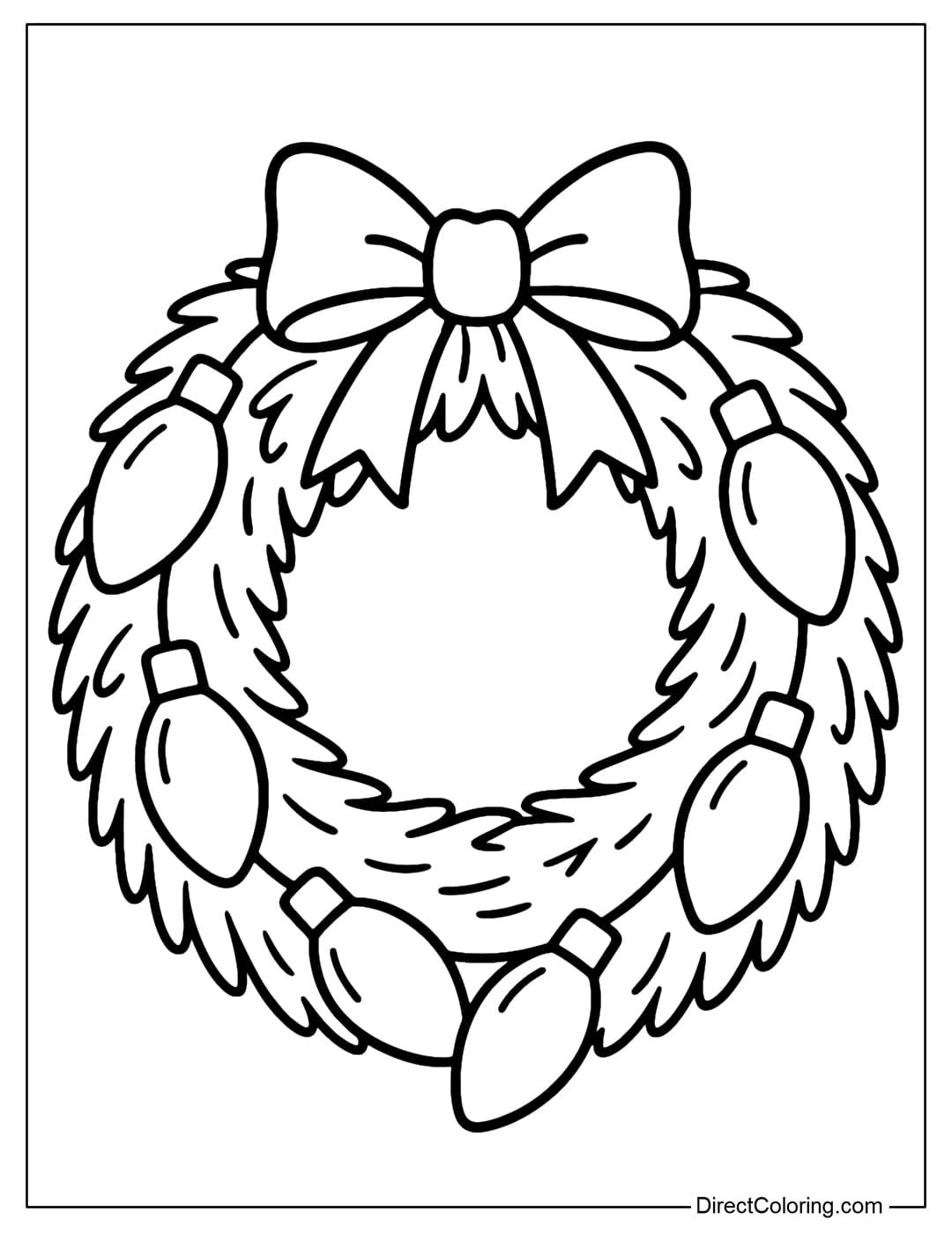 A wreath coloring page decorated with Christmas lights and large teardrop-shaped bulbs.