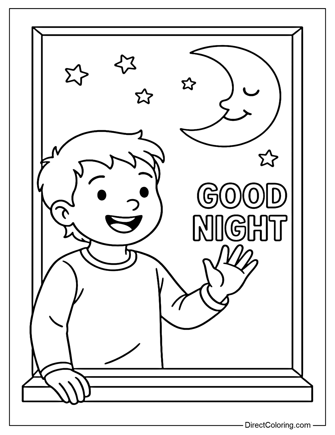 A coloring page of a child standing outside the window at night, waving to the moon and stars