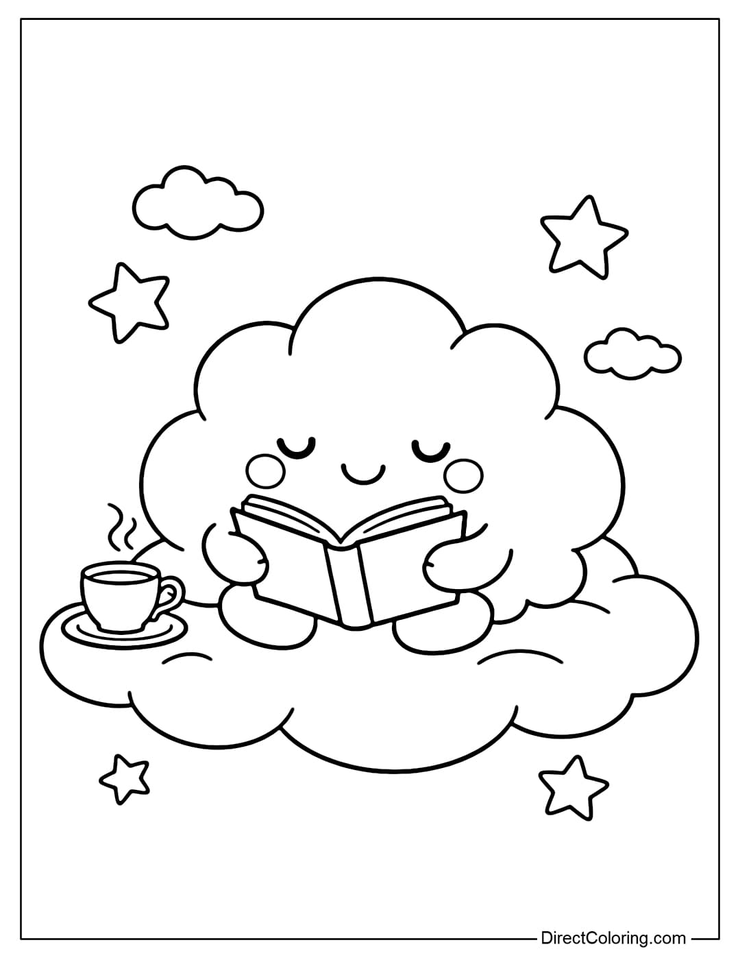 A coloring page featuring a cloud sitting and reading a book in the sky, with a small cup of tea and a few stars beside it.