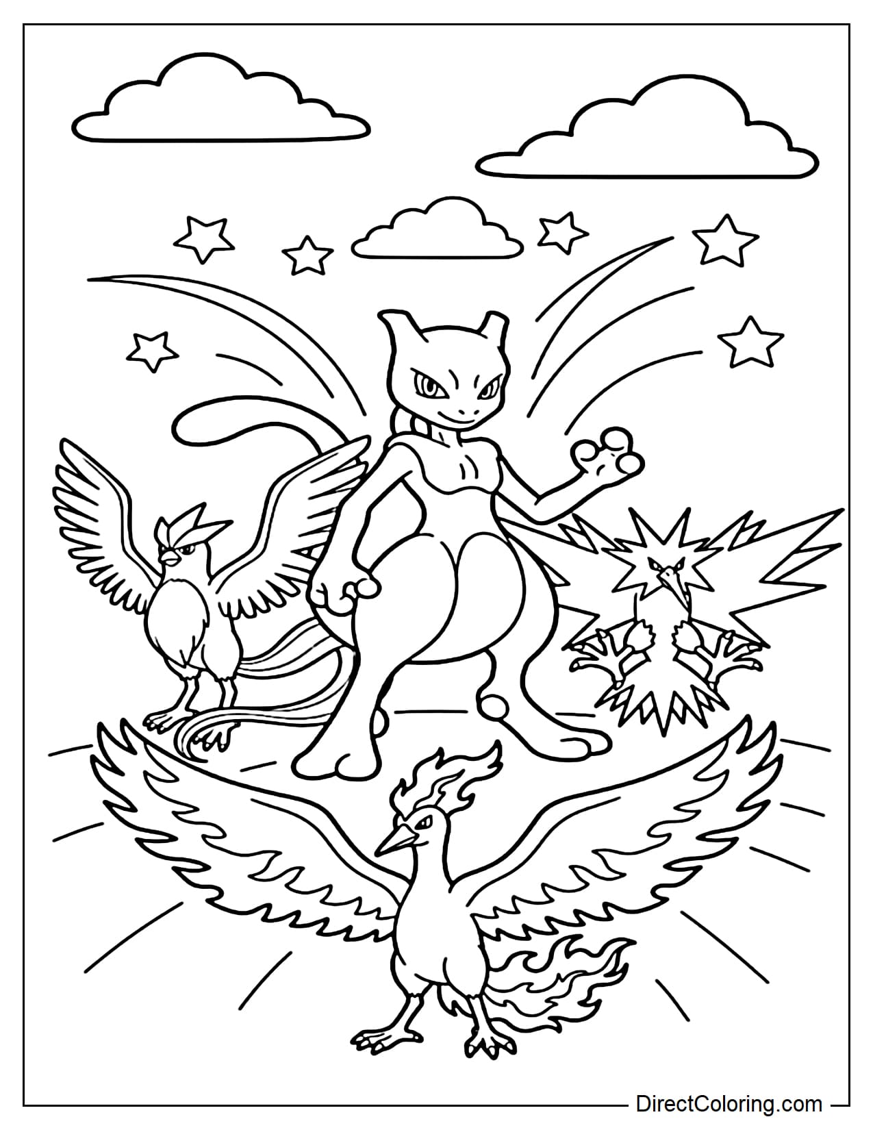 A group of four legendary Pokémon including Articuno, Zapdos, Moltres, and Mewtwo, surrounded by rays of light, clouds, and curves.