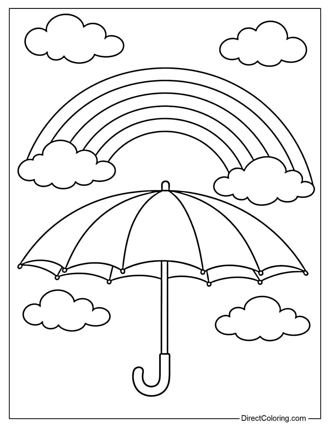 A coloring page of an open umbrella under a sky with a large rainbow behind it and a few round clouds.