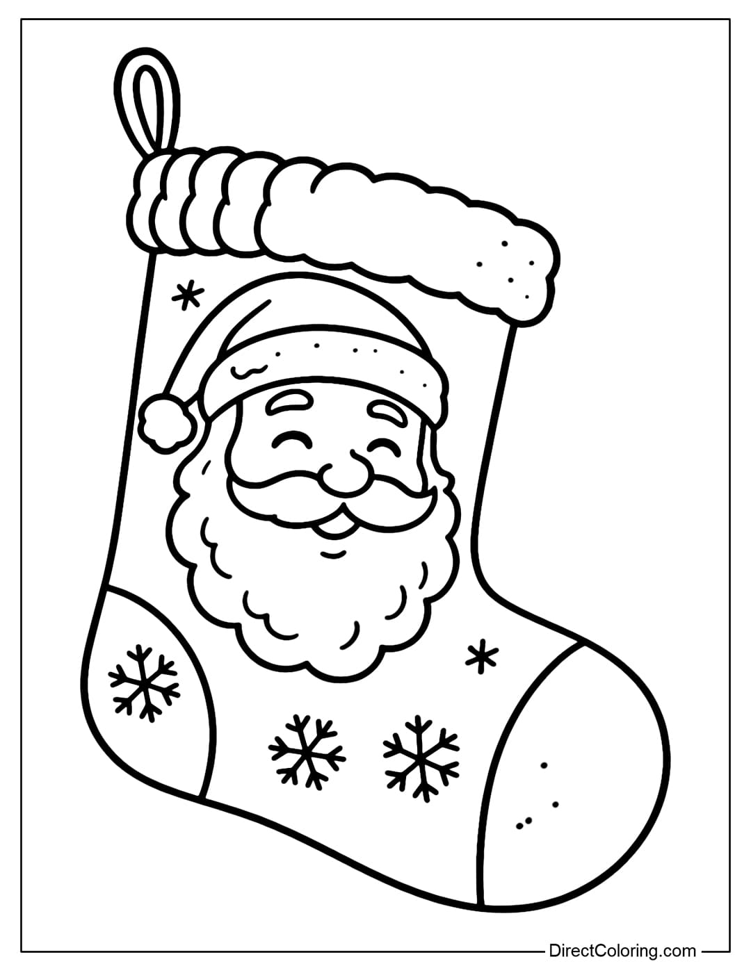 A coloring page of a soft stocking with a smiling Santa Claus face in the middle, a slightly curly beard.