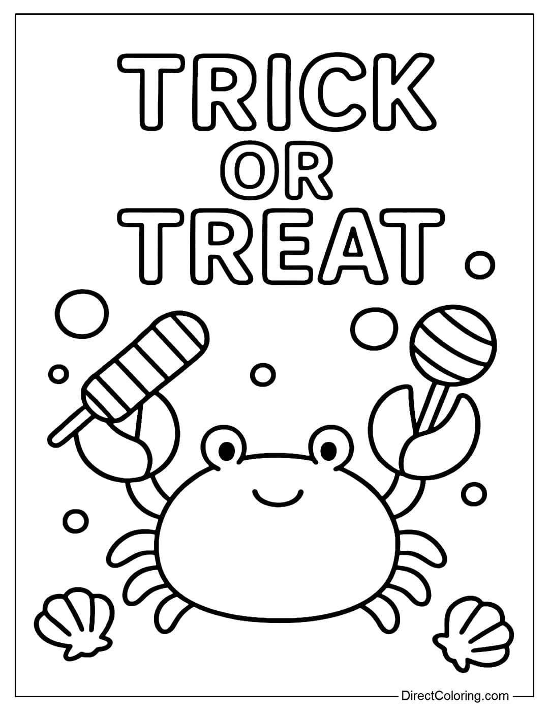 Coloring page of a small crab holding up its two claws, each holding a candy bar, with the word Trick or Treat written on it.