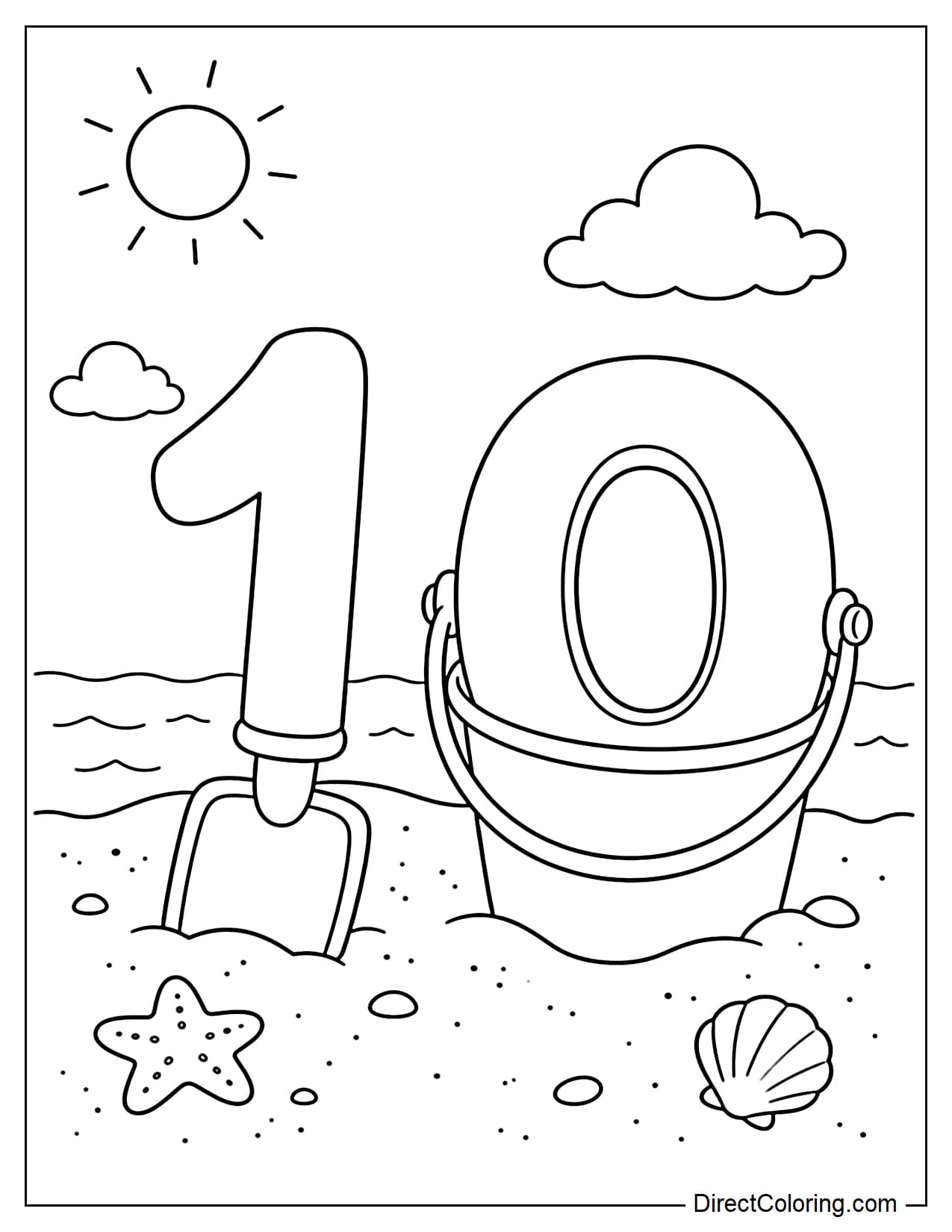 Number 10, with the number 1 as a small shovel and the number 0 as a sand bucket, evokes the atmosphere of summer sand play.