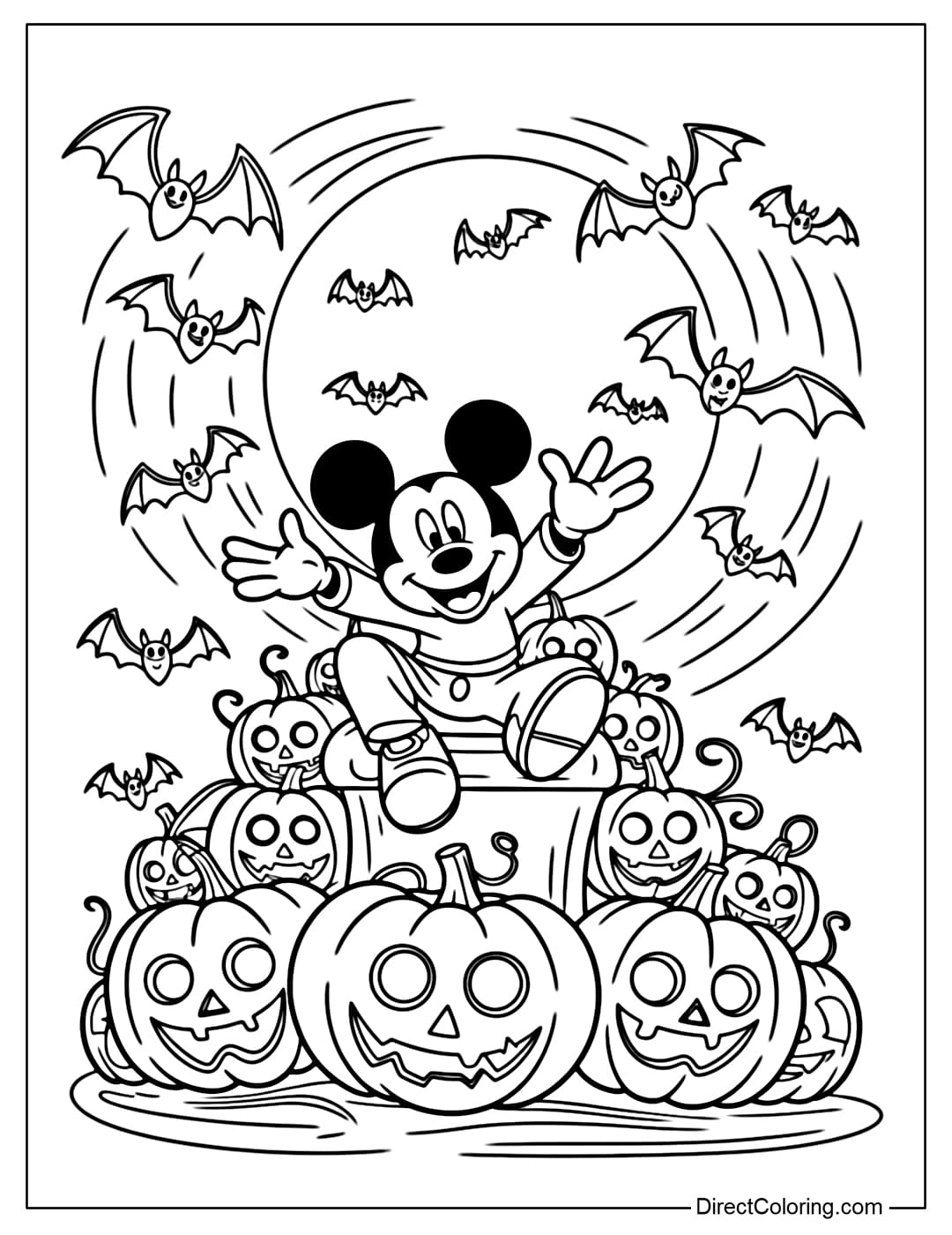 Mickey coloring page sitting on a throne made of glowing pumpkins, surrounded by flying bats and a magical full moon.