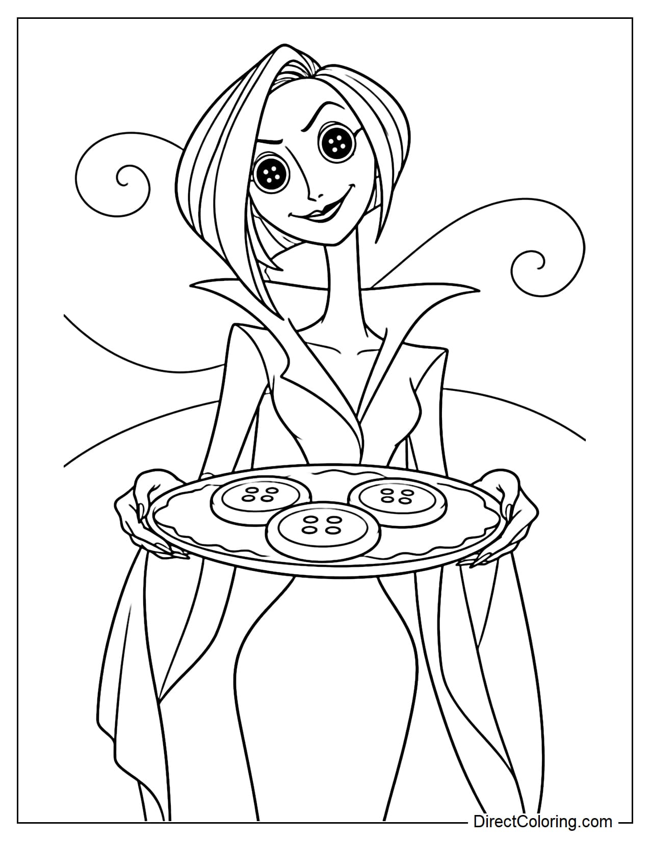Other Mother smiles mysteriously while holding a large tray filled with several button-shaped cookies.