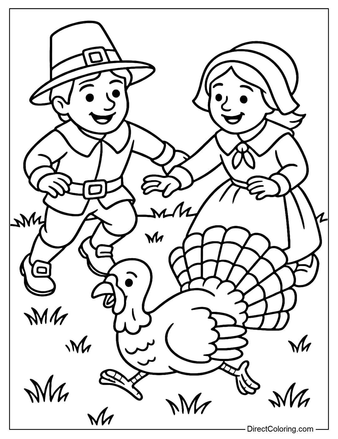 Coloring page of two Pilgrim children chasing a turkey in the field.