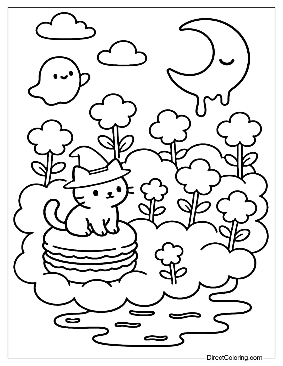 Caramel cloud floating garden coloring page, cotton candy flowers blooming everywhere, ghosts flying around, witch cat sitting on macarons.