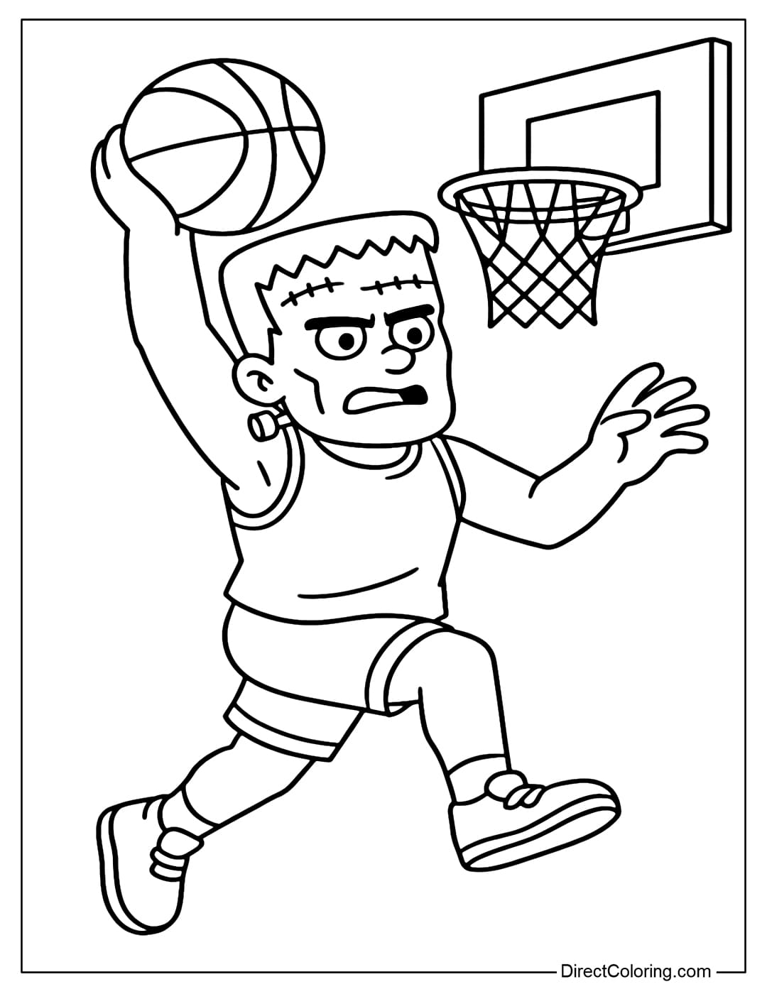 A Frankenstein coloring page playing basketball, jumping high and slamming the ball strongly.