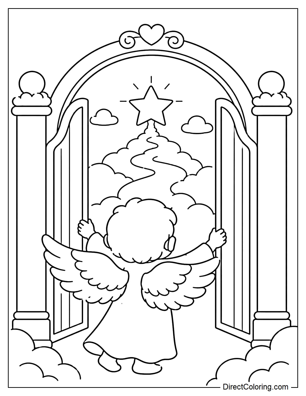 A little angel uses both hands to open the gates of heaven, revealing a cloudy path that leads to a large star.