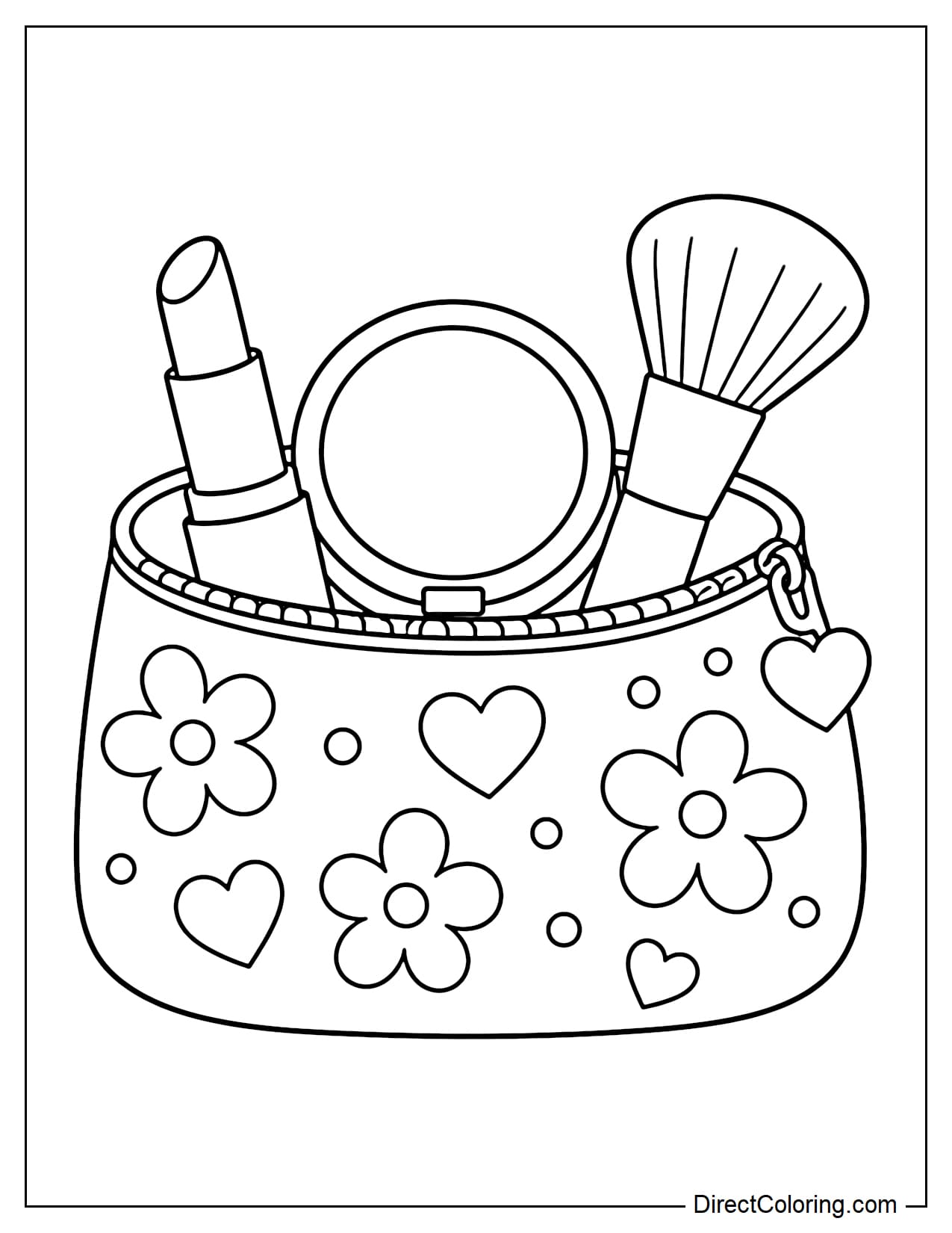 A partially open makeup bag showing a lipstick, a round compact, and a large makeup brush inside, with flower and heart patterns decorating the bag.