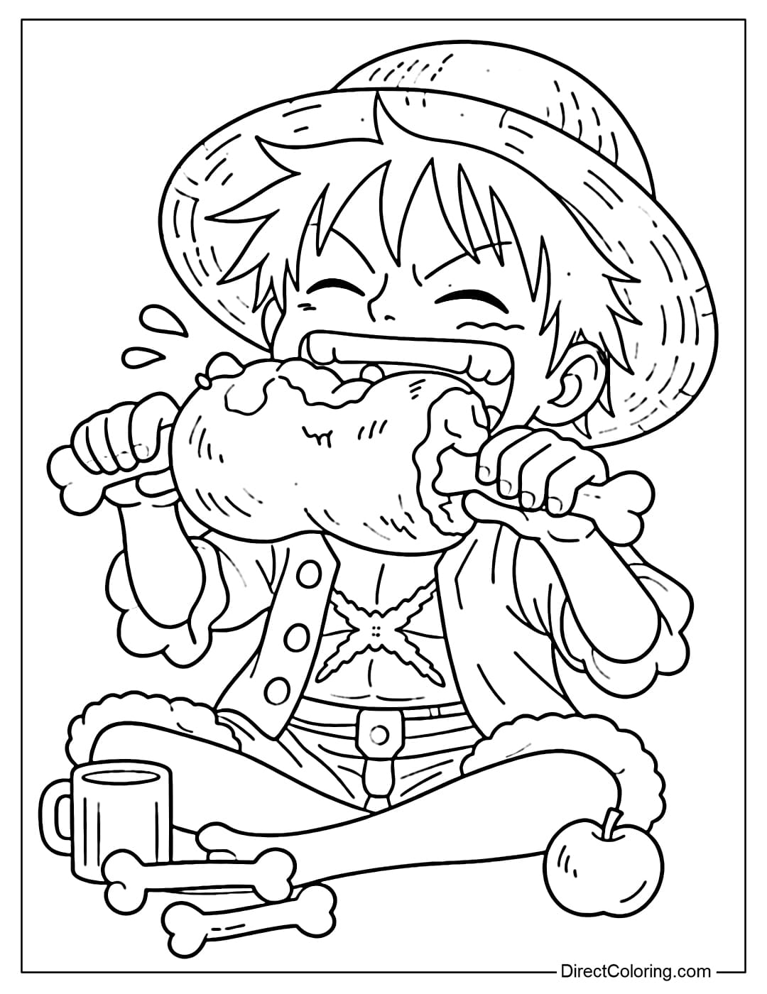 Monkey D Luffy holding a large piece of meat and happily eating it.