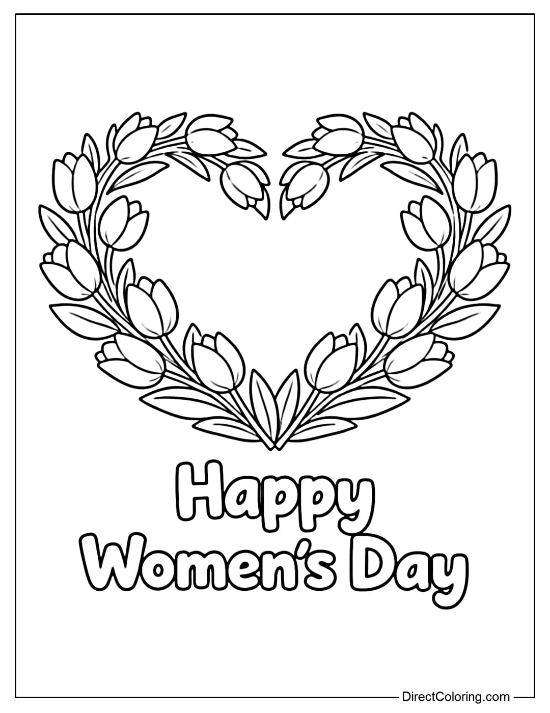 A coloring page depicting a heart-shaped tulip wreath, with 