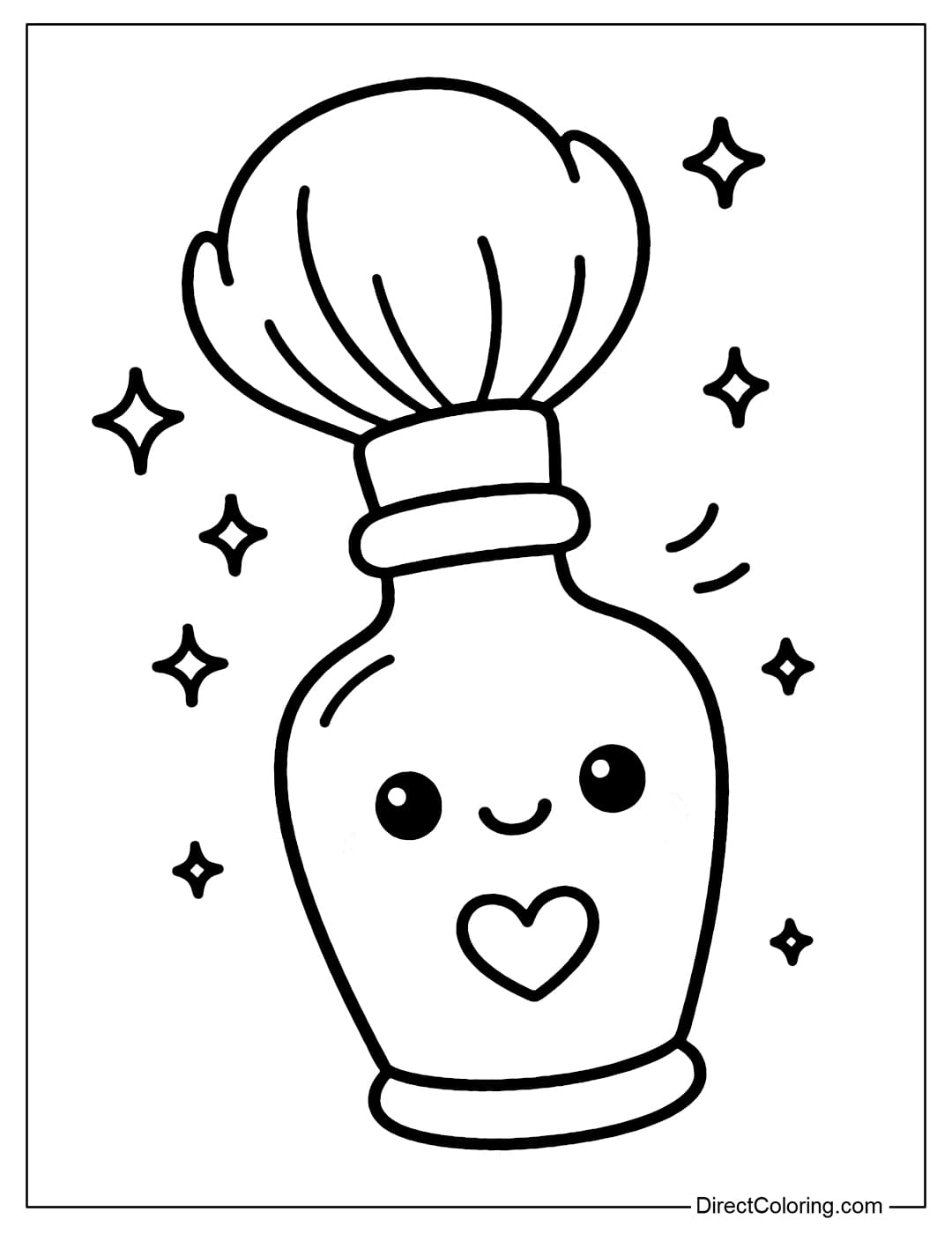 Coloring page for a magical makeup brush set with a potion-shaped handle and a soft, curved brush head.
