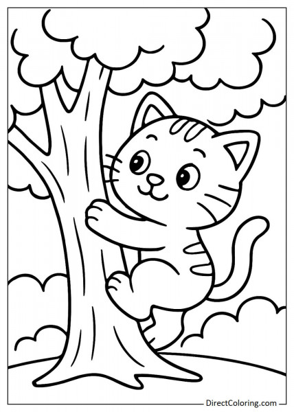 Cute cat climbing a tree coloring picture