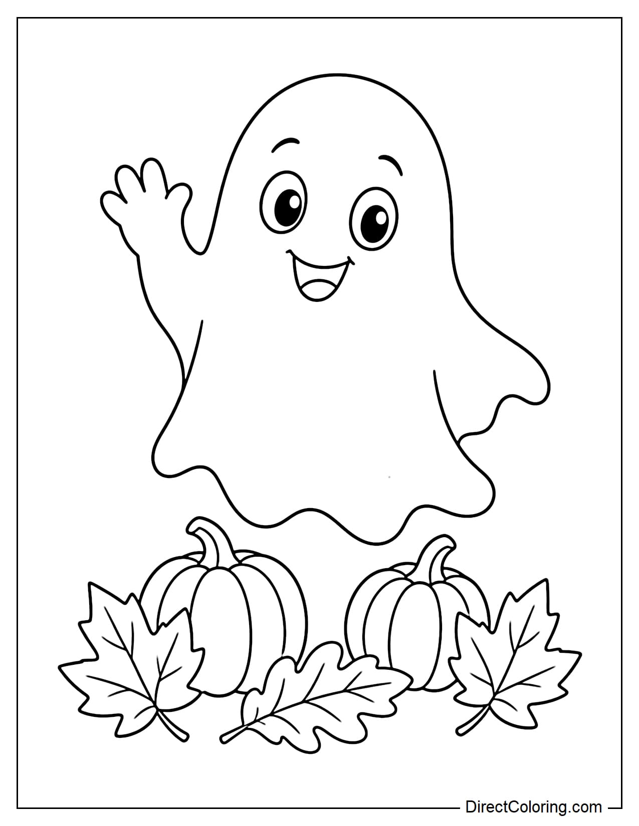 A cute ghost raises one hand to wave hello, with two small pumpkins and a few autumn leaves below.