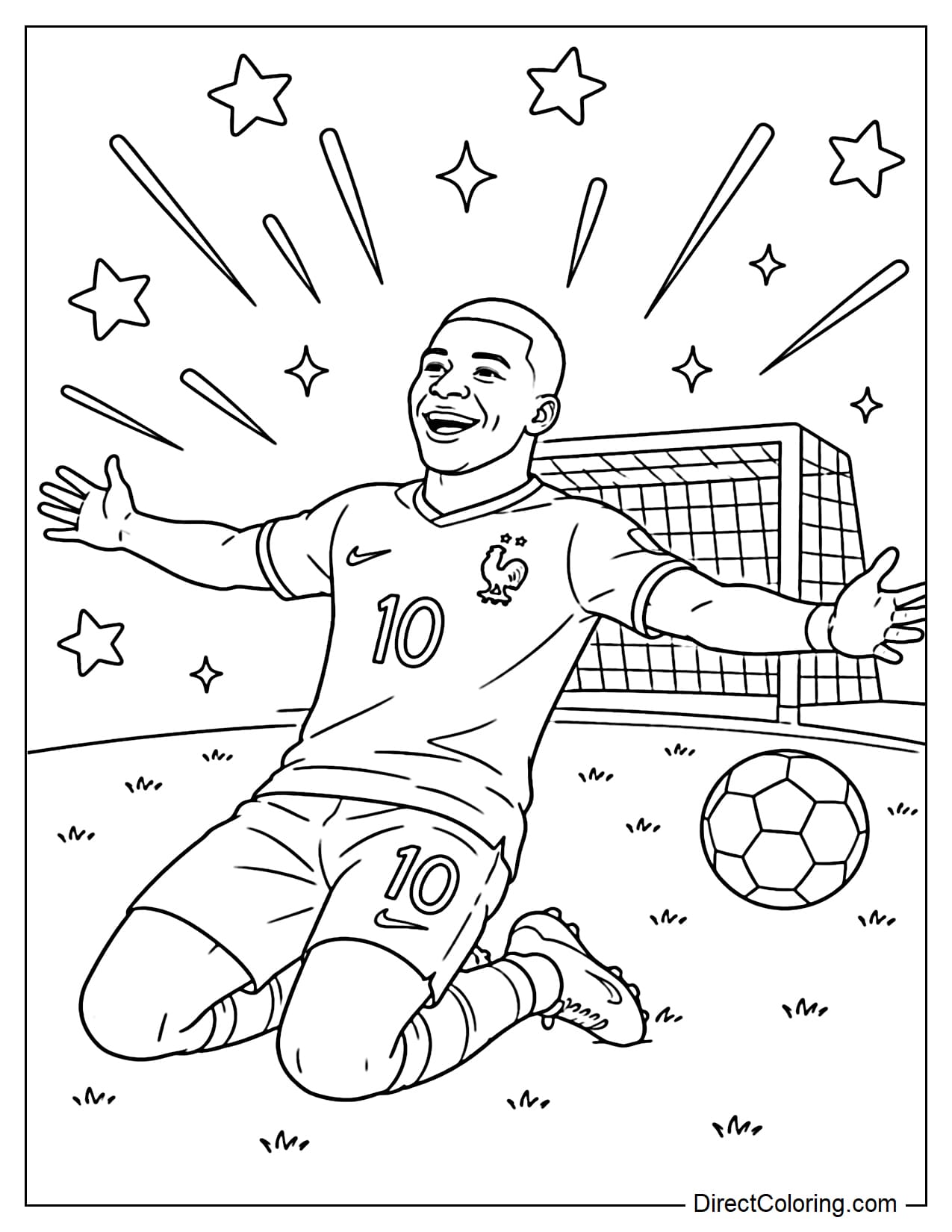 Kylian Mbappé wearing the number 10 jersey, celebratory sliding on the field, arms outstretched, with a goalpost, ball, and a few rays of light and stars in the background.