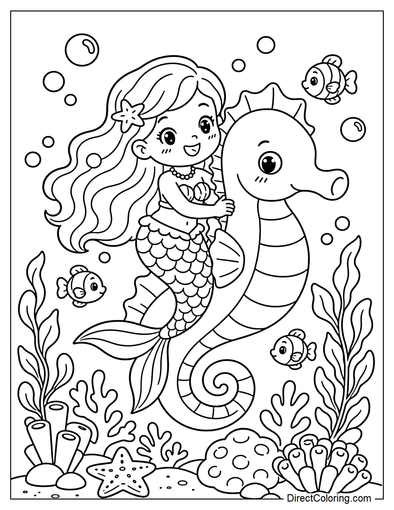 A mermaid is happily riding a seahorse through a small coral garden. She is surrounded by sea leaves, bubbles, and small fish.