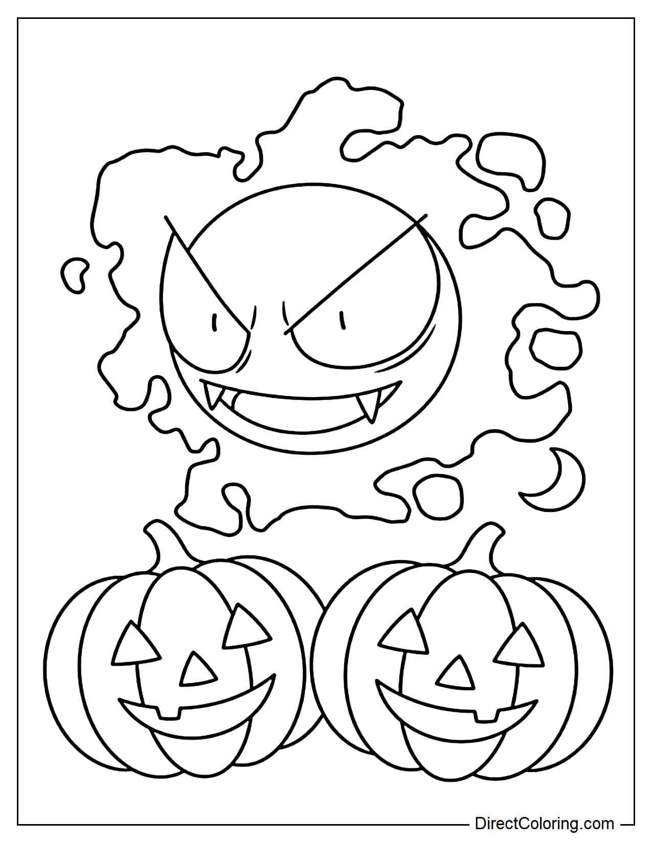 Pokémon Gastly happily floating above two large Jack-o'-lanterns with simple faces, with a small crescent moon in the background.