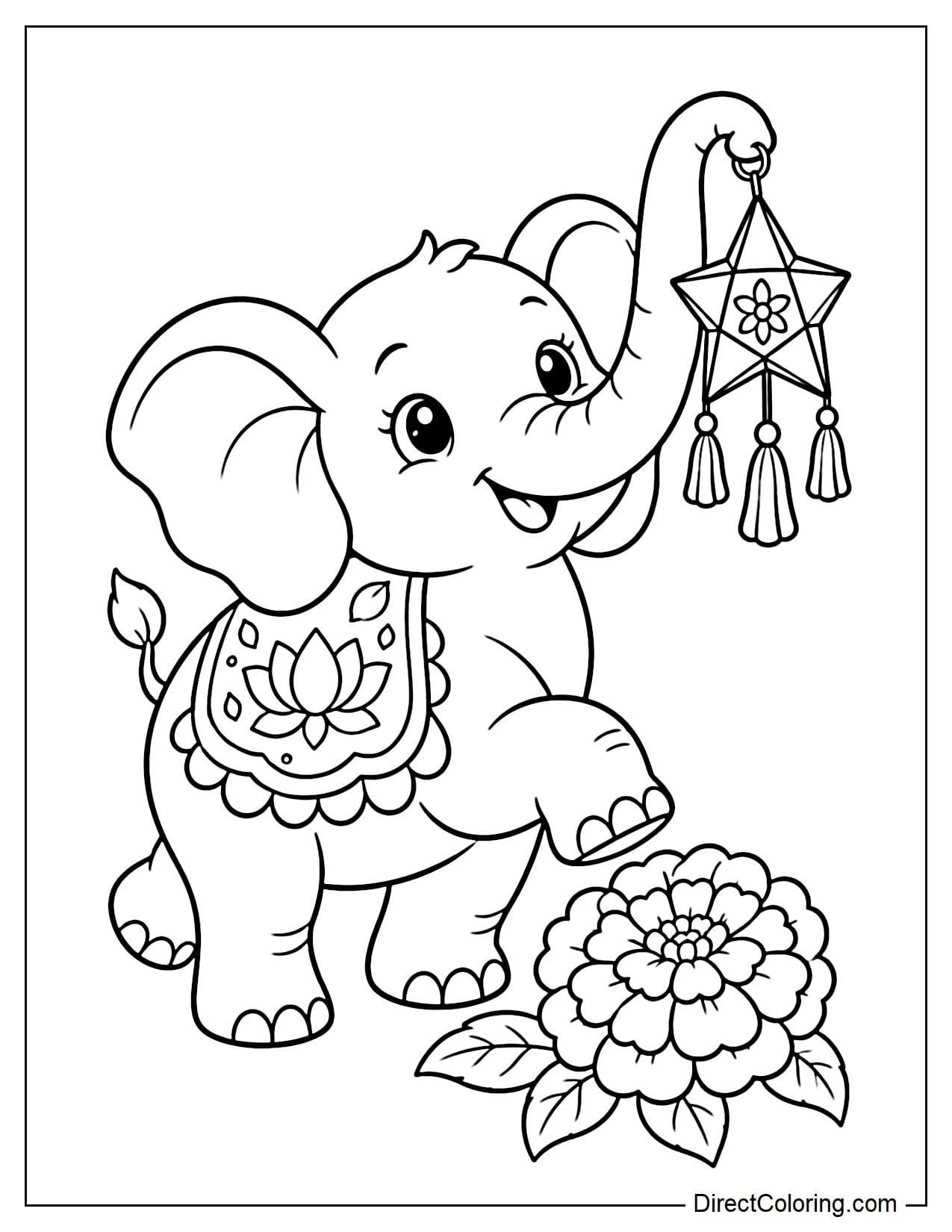 A chubby baby elephant walks happily, holding a star-shaped kandil lantern with its curled trunk. A lotus-patterned cloth covers its back, and a large marigold flower rests near its feet.