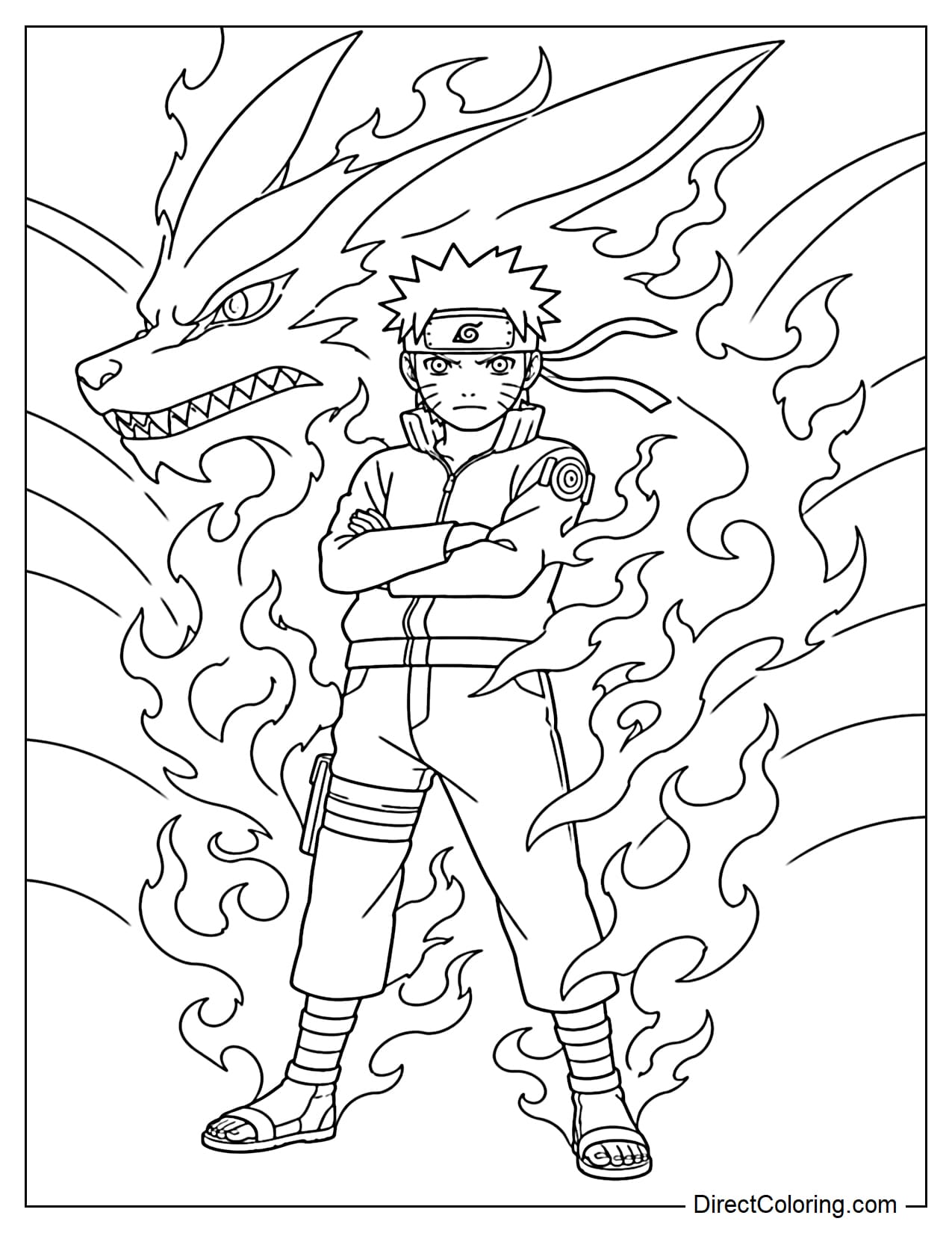 Naruto stands in a powerful pose with Kurama aura drawn as simple, soft lines of fire surrounding him.