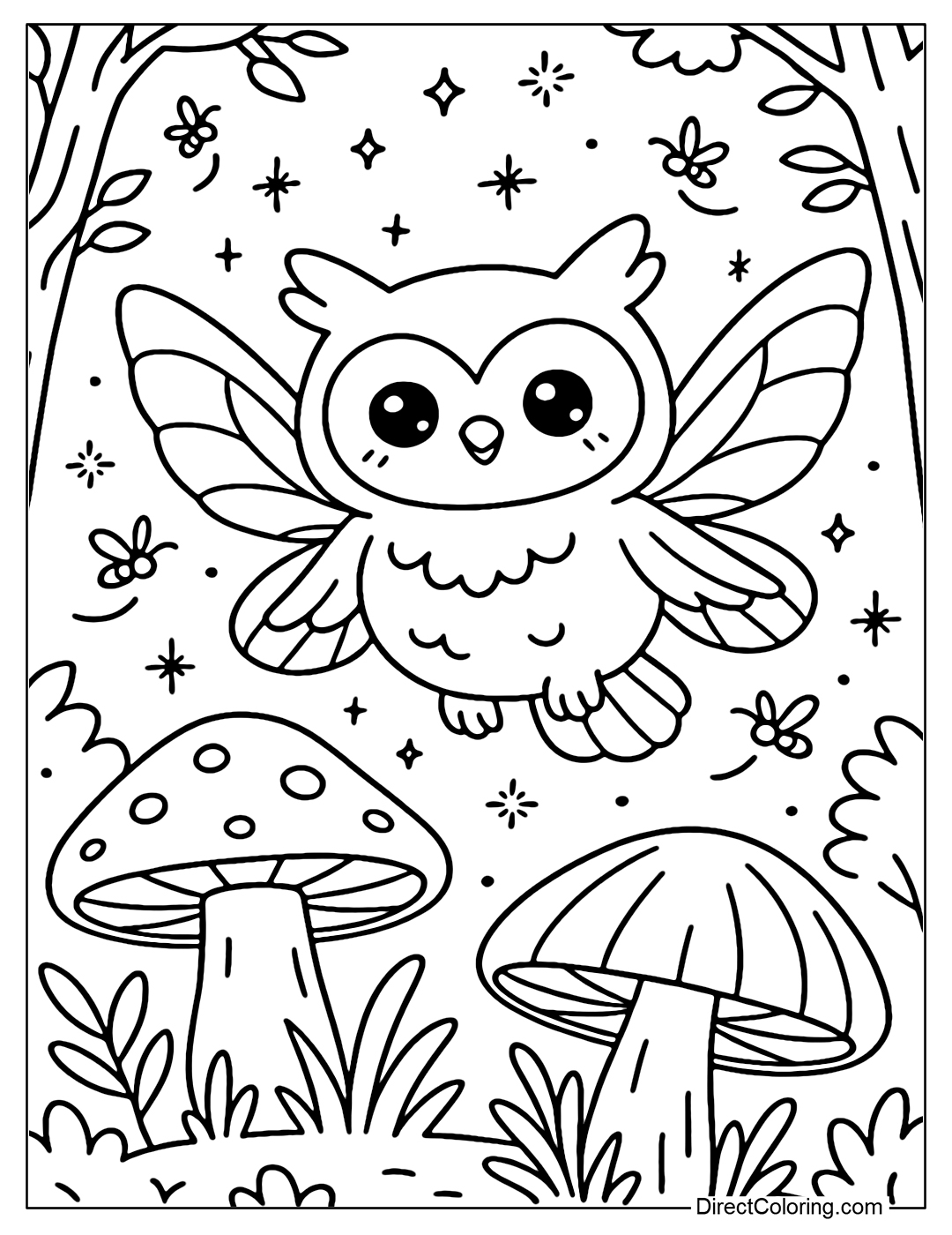 An owl with thin fairy wings, flying in the middle of a glowing forest, with giant mushrooms and fireflies.