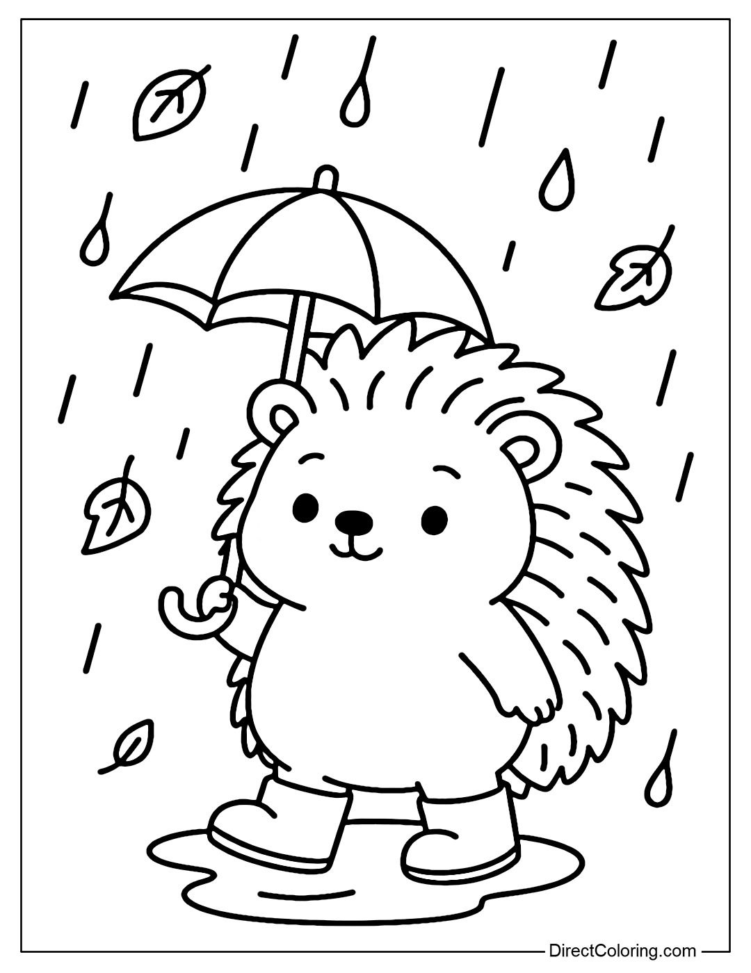 Coloring page of a little hedgehog wearing boots, holding a small umbrella, rain falling, and a few leaves flying around.