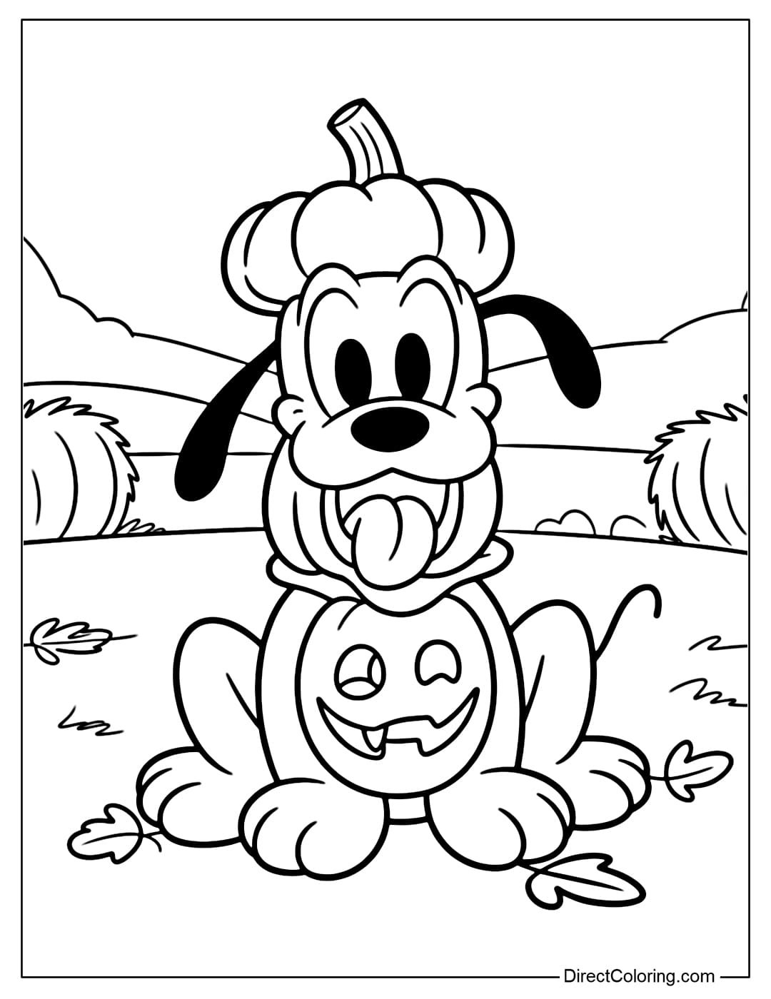 Disney Pluto coloring page wearing a pumpkin costume, sitting cutely with his tail sticking out.