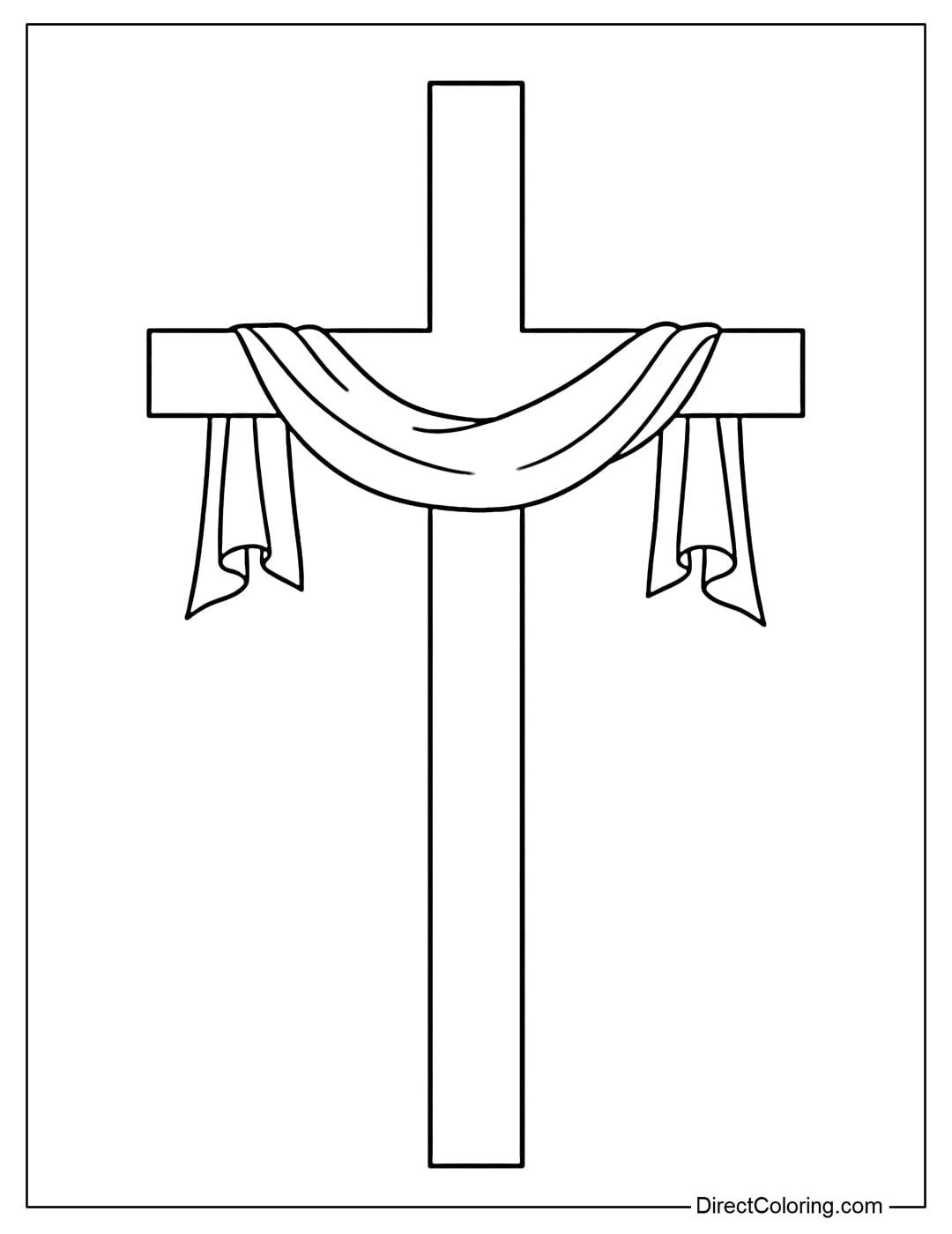 A simple cross coloring page with a soft ribbon wrapped around the middle of the cross.