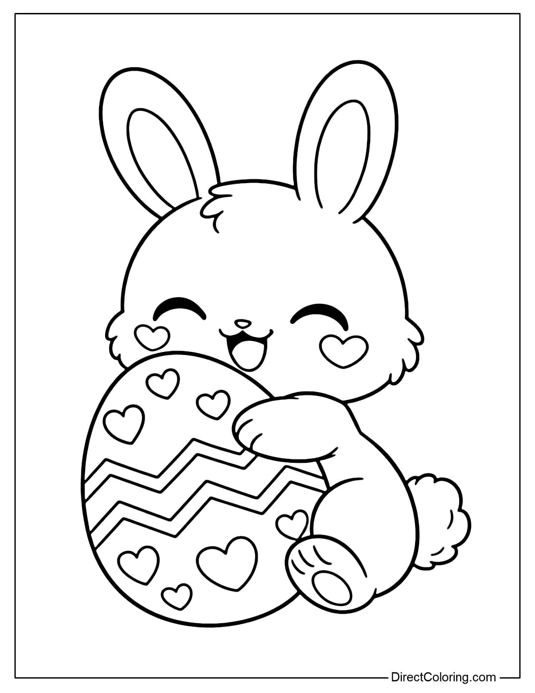 A coloring page of a chibi bunny hugging a large Easter egg with a cheerful expression; the egg has heart and zigzag patterns.