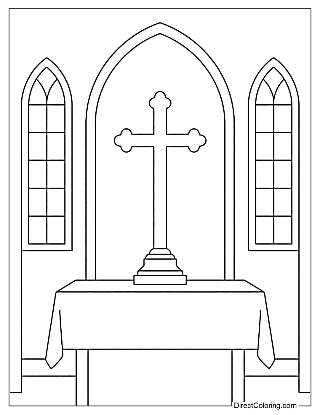 Coloring page of a cross placed on the church altar.