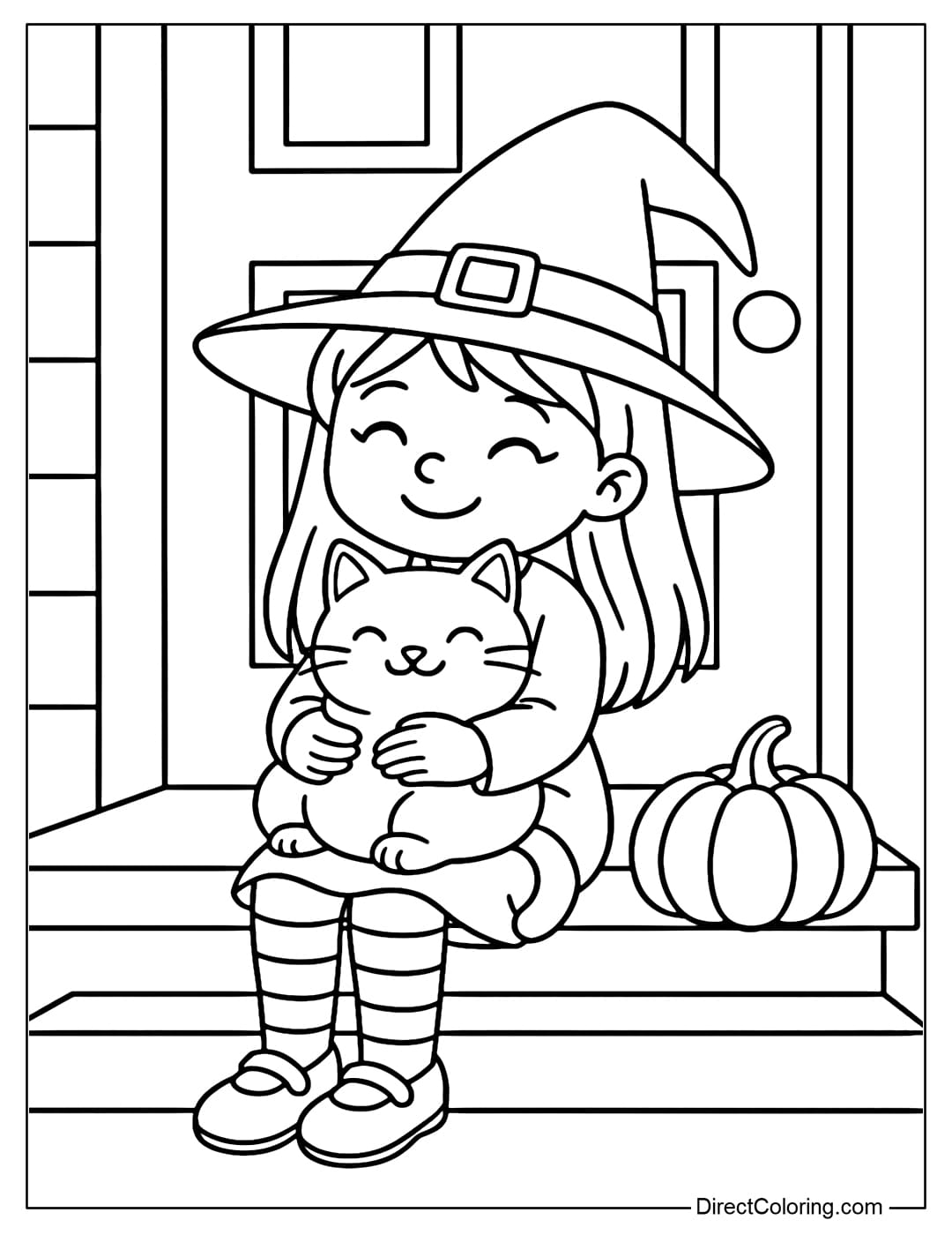 A witch coloring page sitting on the steps of the house, holding a chubby black cat in her arms.