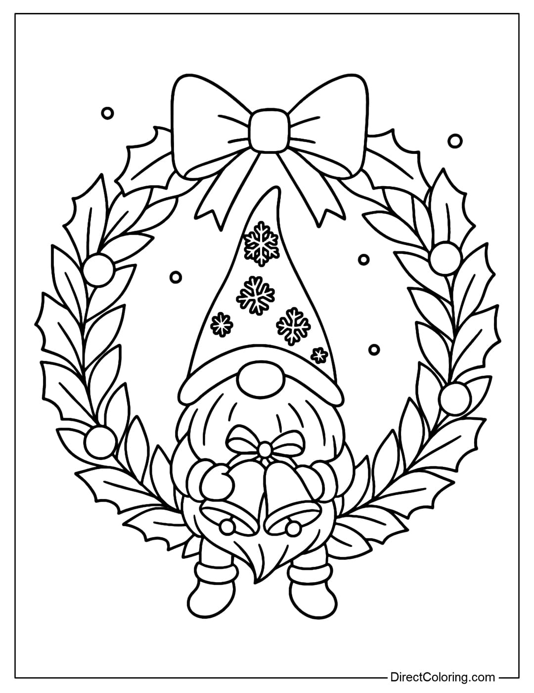 A coloring page featuring a Christmas gnome holding a pair of Christmas bells, sitting on a wreath with a large bow.