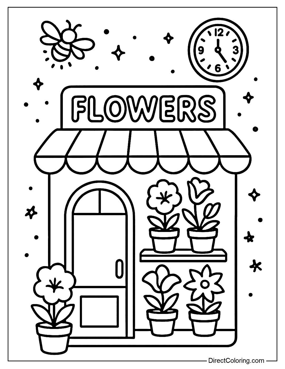 Coloring page of a shop that only sells flowers that bloom at night, fireflies flying, clocks marking strange opening hours