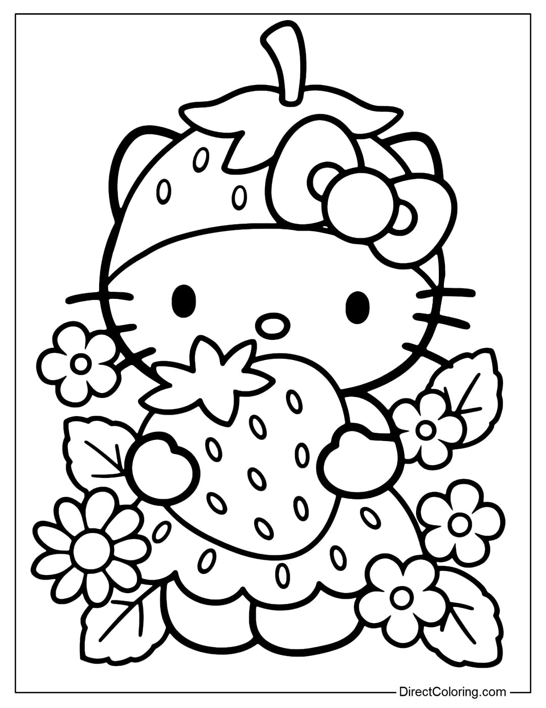 Hello Kitty coloring page transformed into a cute strawberry, holding a giant strawberry.