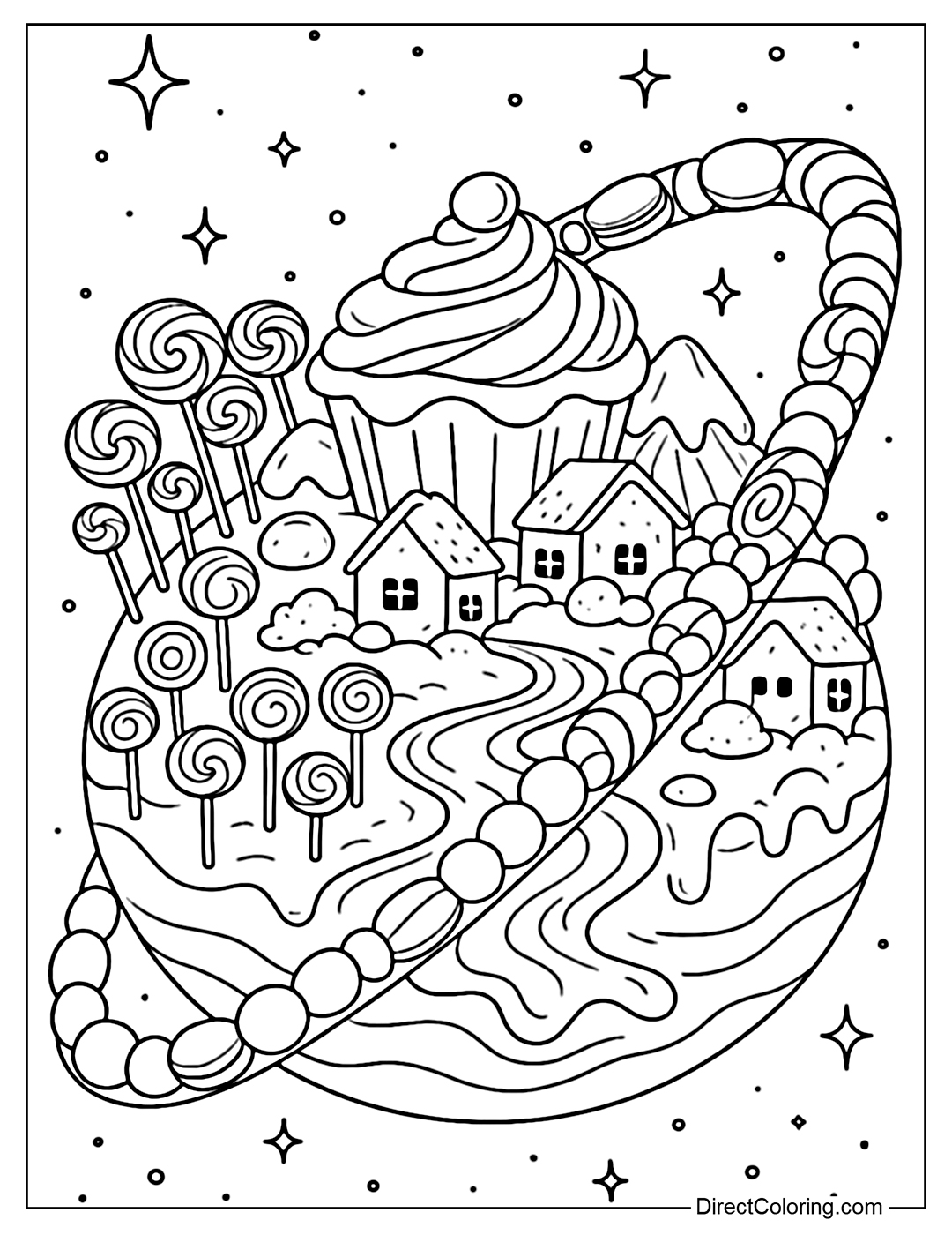 The sweet planet coloring page is made from a combination of various candies and cakes. The belt is made from macarons, sponge cake slices and marshmallows.