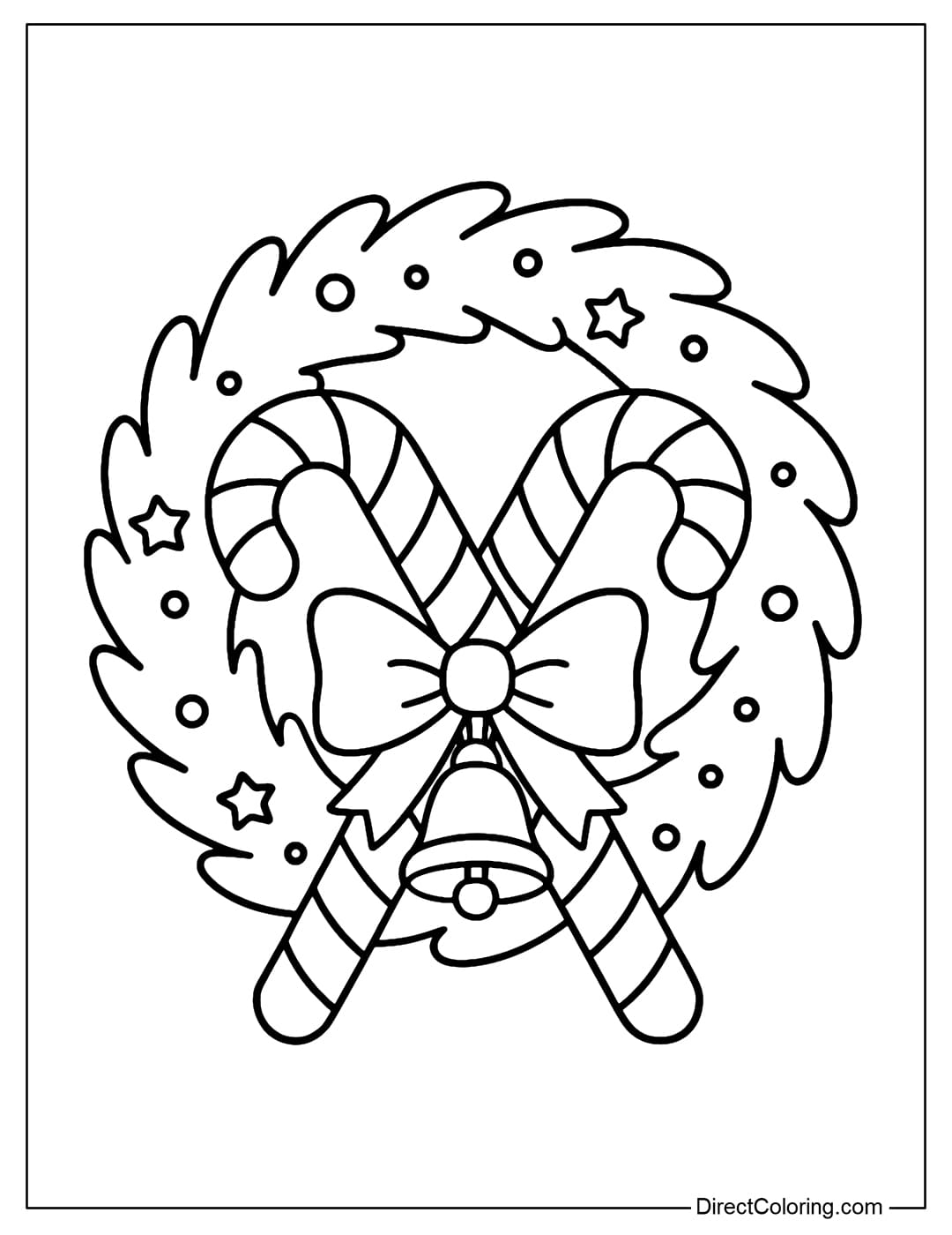 A Christmas candy cane coloring page crossed over each other, tied with a large bow, with a small bell hanging just below the bow, and a laurel wreath behind.