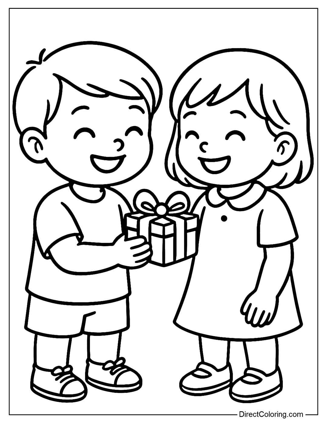 Coloring page of a little friend giving a friend a small gift box with a bow – both smiling.