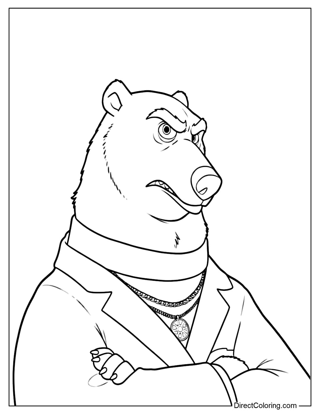 This coloring page shows Koslov with a cool demeanor, arms crossed in a powerful way, and a serious yet elegant expression.